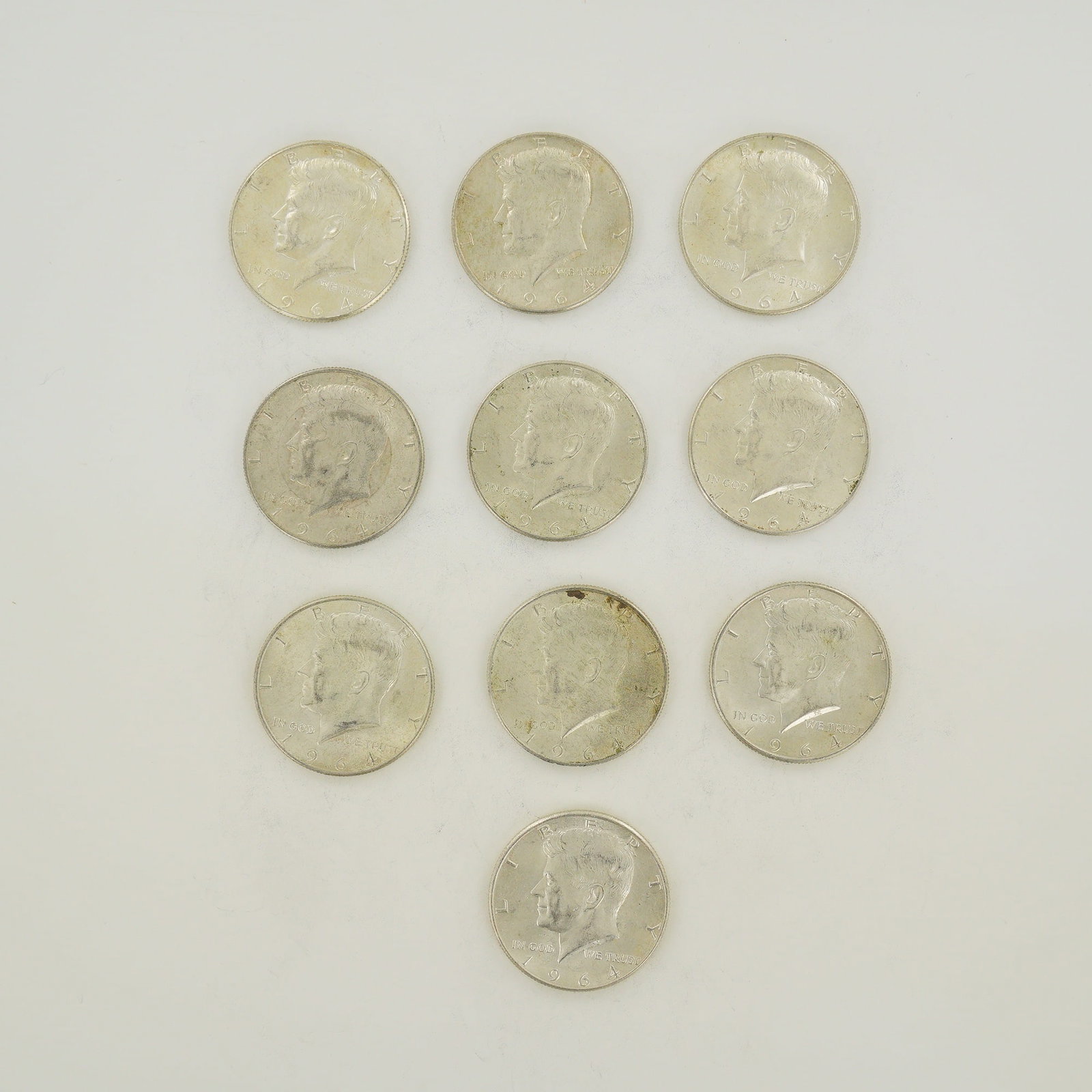 Ten US 1964 Kennedy 90% Silver Half Dollars (1 of 2)