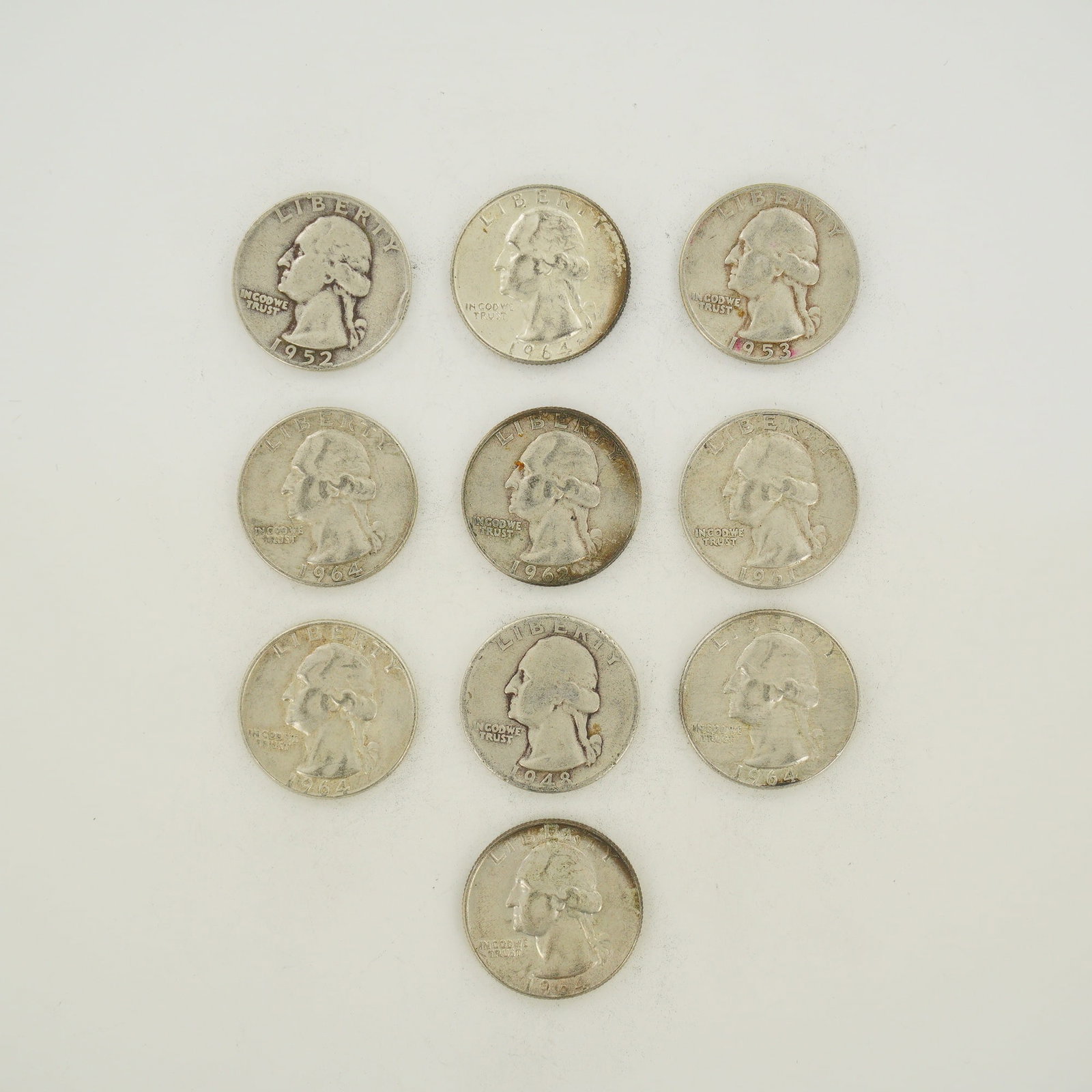 Ten US 90% Silver Washington Quarters, 1948-1964 (1 of 2)