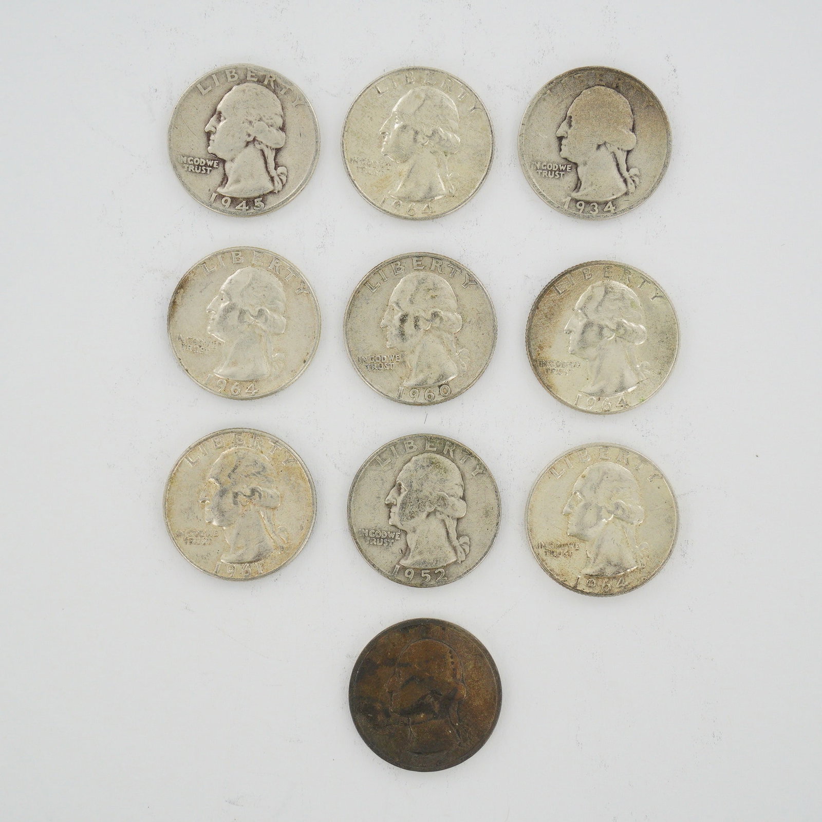 10pc Collection of US Silver Washington Quarter Dollars, 1934-1964 (1 of 2)