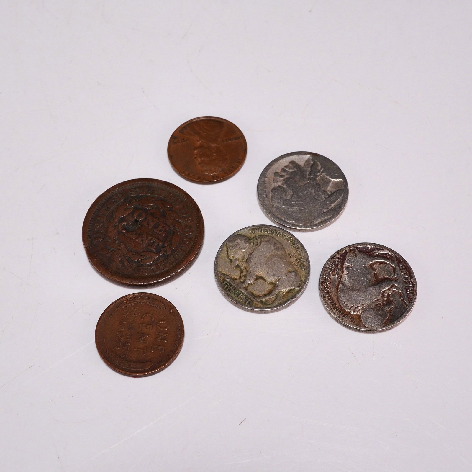 6pc US Coins with 1853 Large Cent, Three Buffalo Nickels, and Two Wheat Pennies (1 of 2)