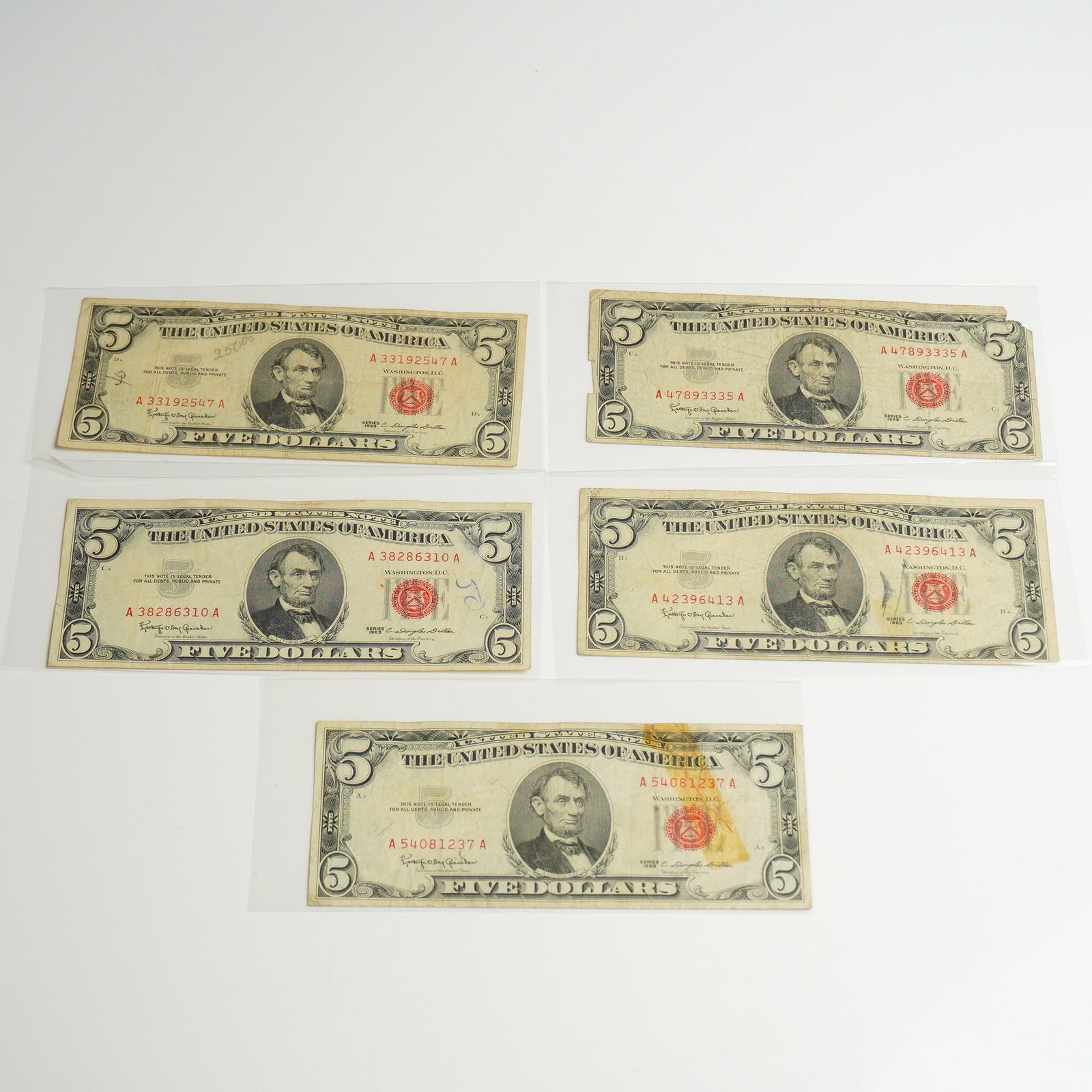 Five 1963 US Five Dollars Red Seal Notes (1 of 2)