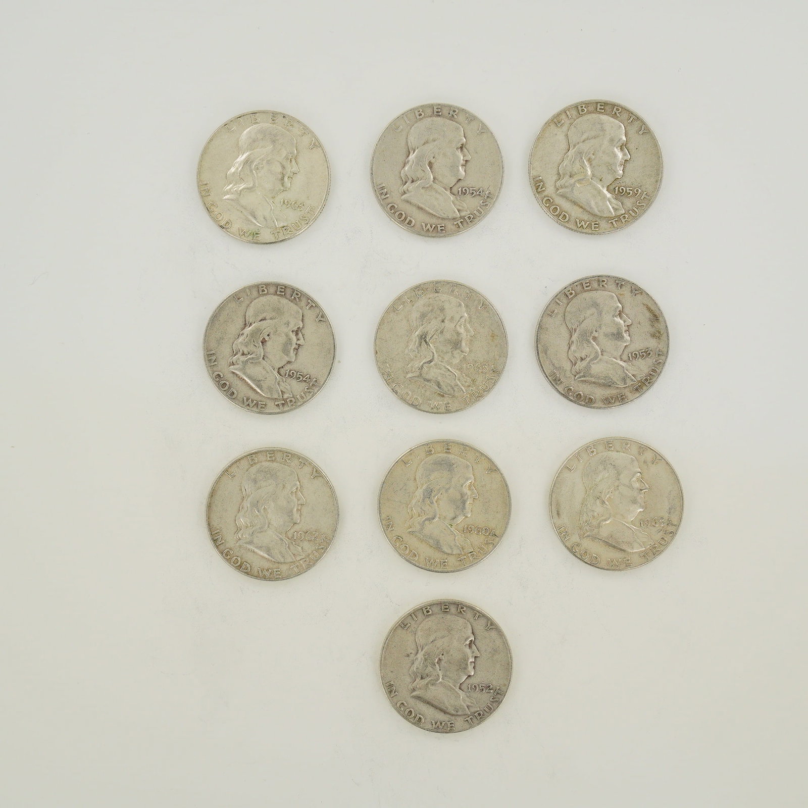 Ten US Ben Franklin Silver Half Dollars, 1952-1963 (1 of 2)