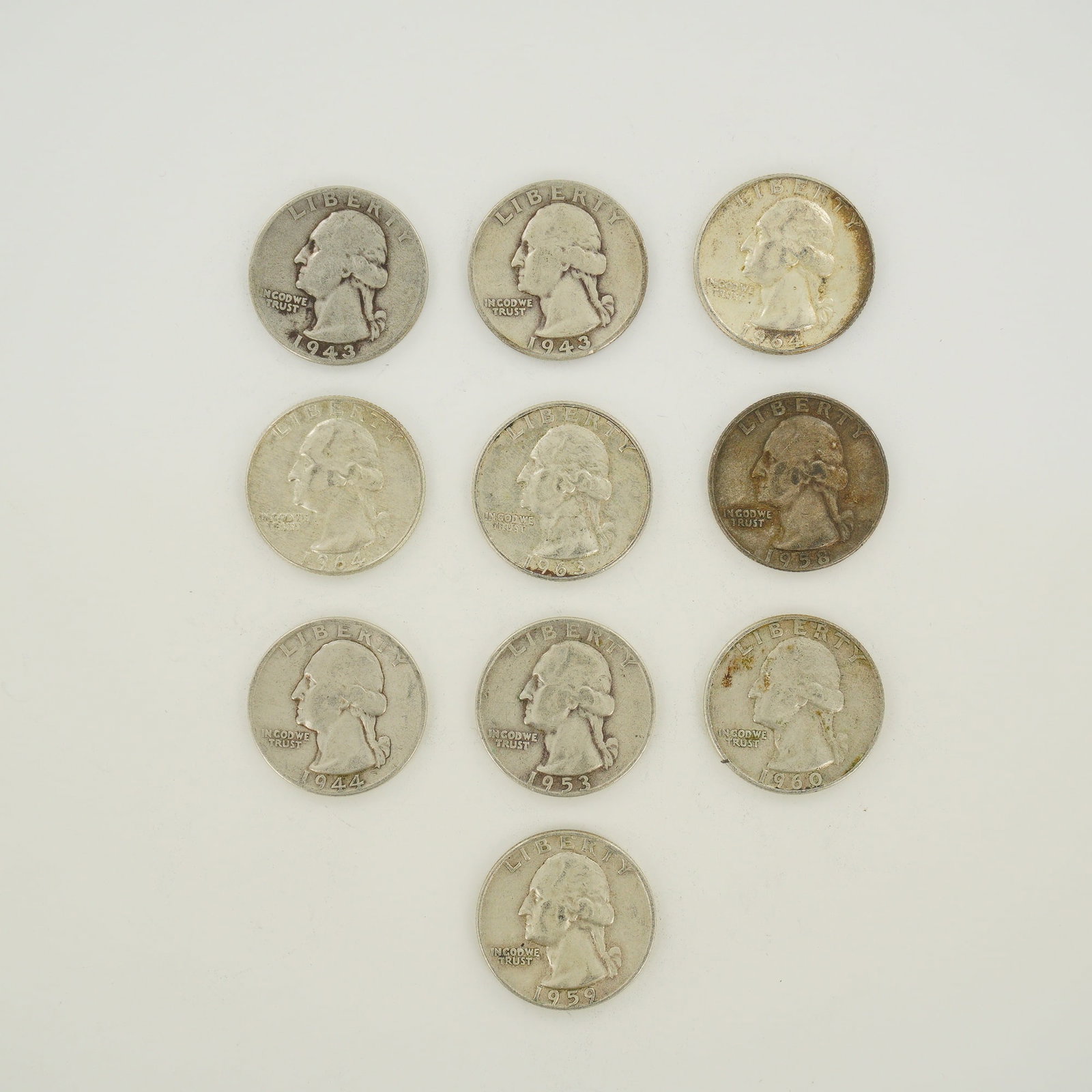 Ten US 90% Silver Washington Quarters Mixed Dates 1943-1964 (1 of 2)