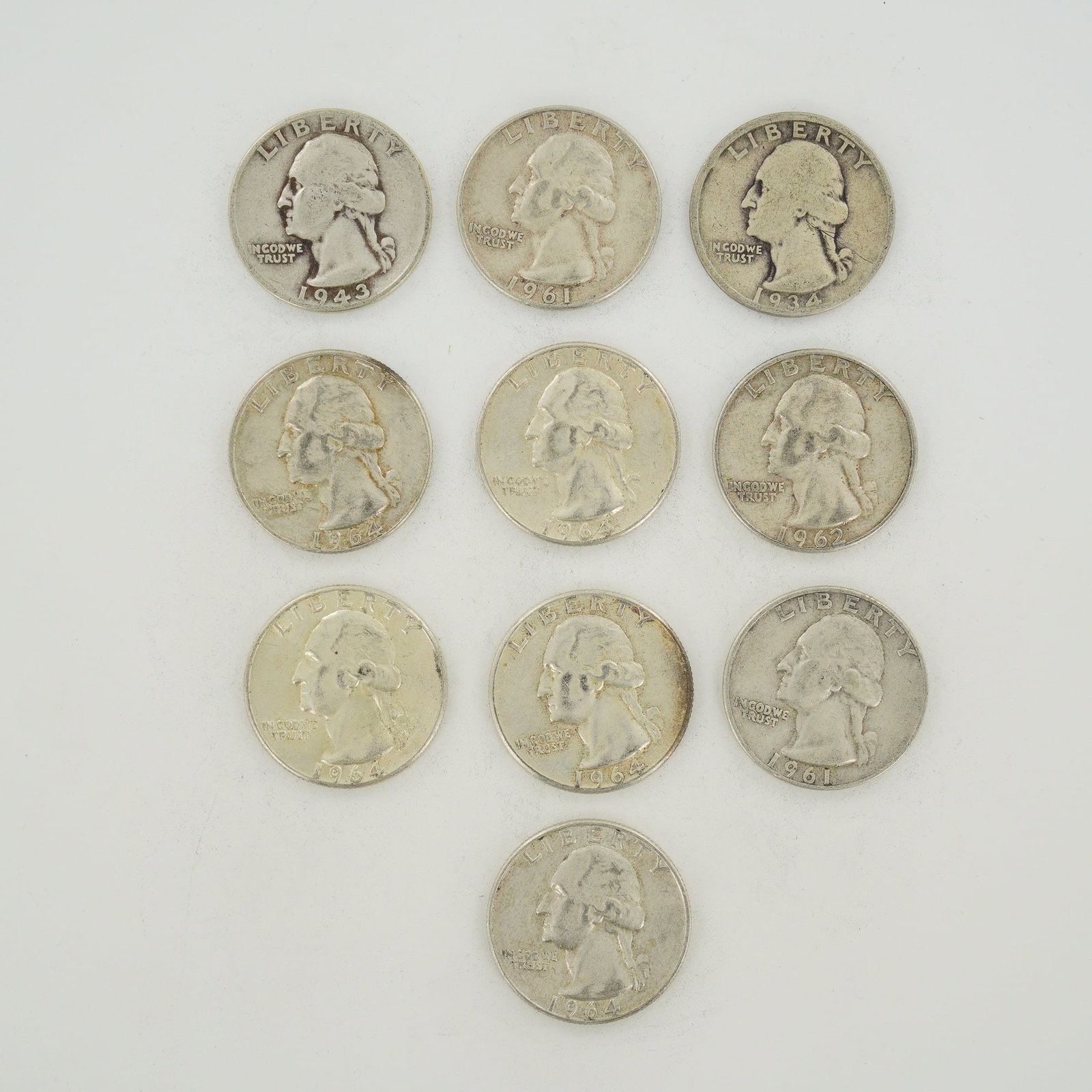 10pc Collection of US Silver Washington Quarters, 1934-1964 (1 of 2)