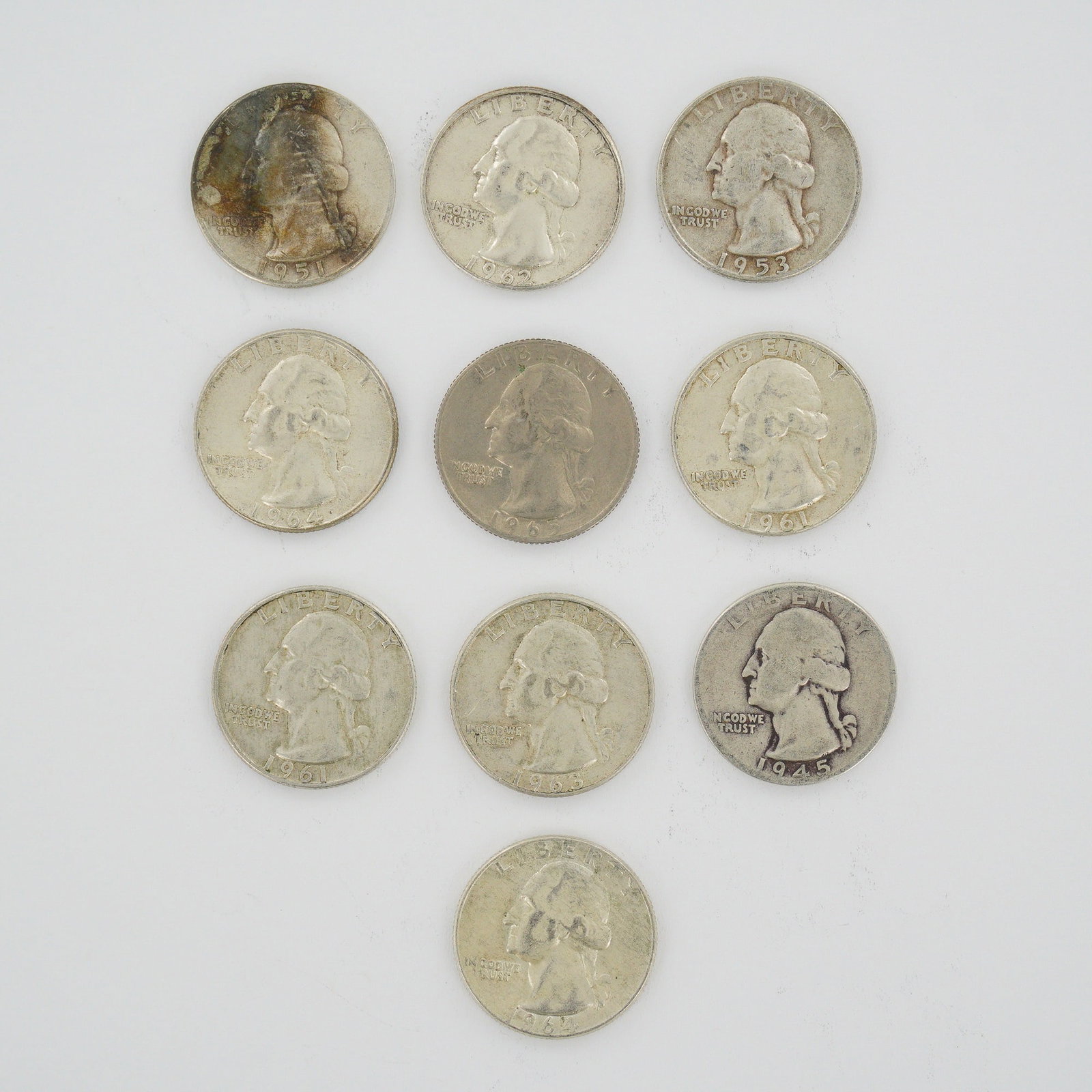 10pc Collection of US Washington Quarter Dollars, 90% Silver and Clad, 1945-1965 (1 of 2)