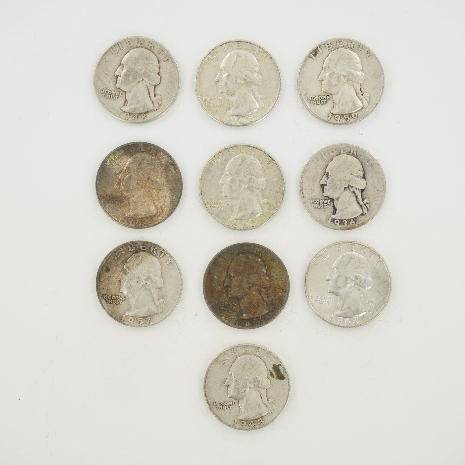 10pc Collection of US Washington Silver Quarters, 1936-1964 (1 of 2)