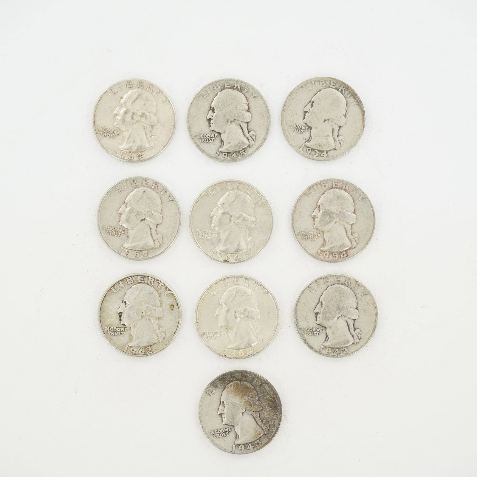 10pc Pre-1964 U.S. 90% Silver Washington Quarters (1 of 2)