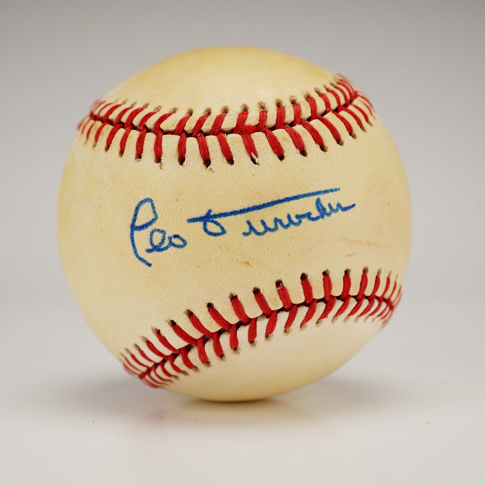 Leo Durocher Signed Rawlings Official National League Baseball PSA/DNA Authenticated: This is a premier single-signed baseball featuring the autograph of Hall of Fame manager and player Leo Durocher. The signature is boldly rendered in blue ink on a side panel of a Rawlings Official