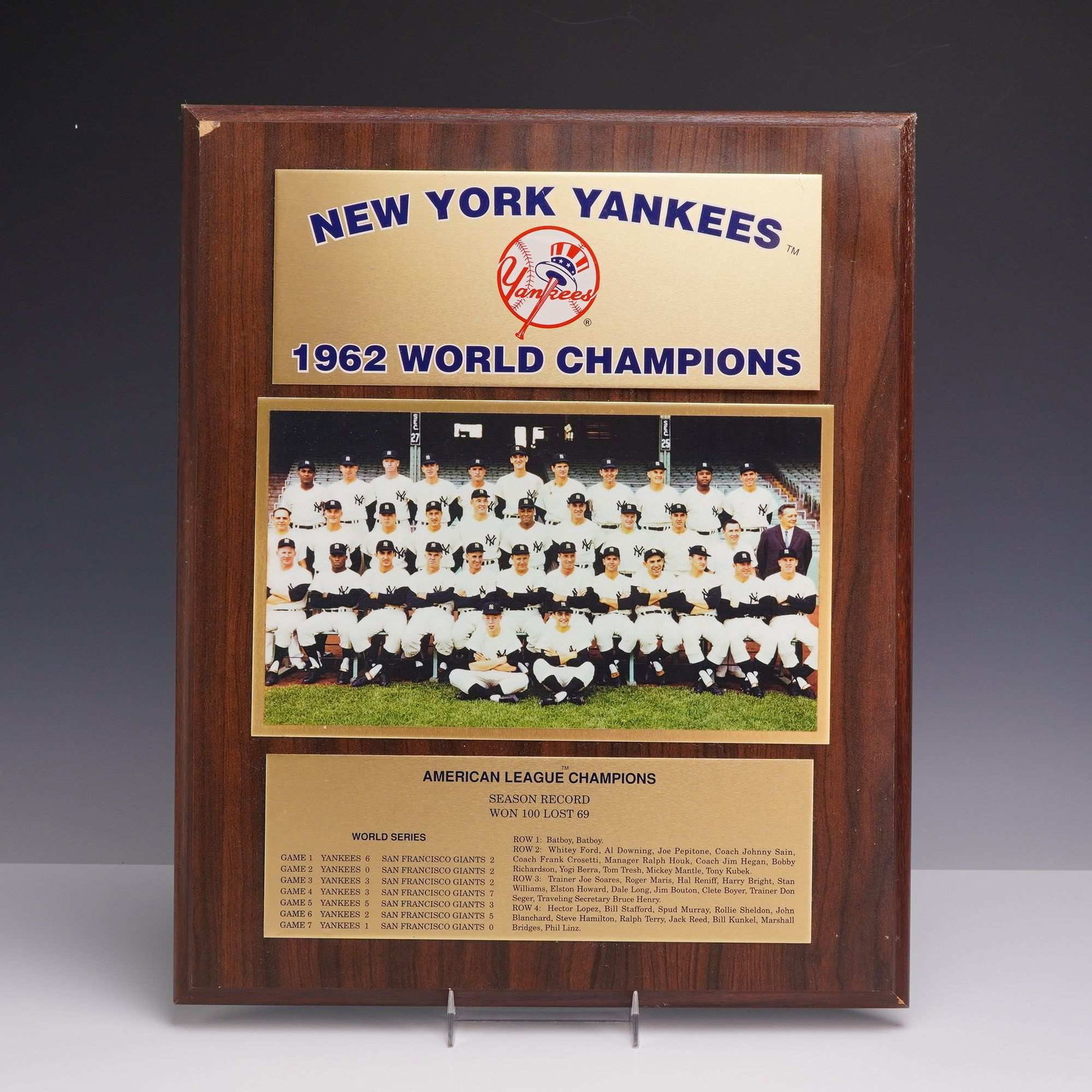 New York Yankees MLB 1962 World Series Champions Commemorative Wooden Plaque (1 of 6)