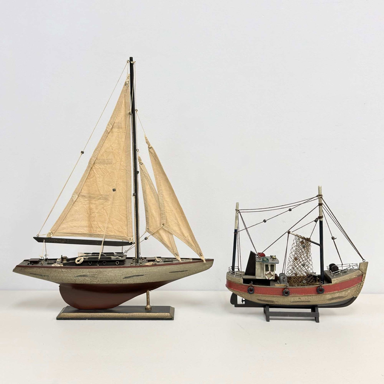 Two Handcrafted Wooden Model Boats Including a Fishing Trawler and a Vintage Style Sailing Yacht (1 of 3)