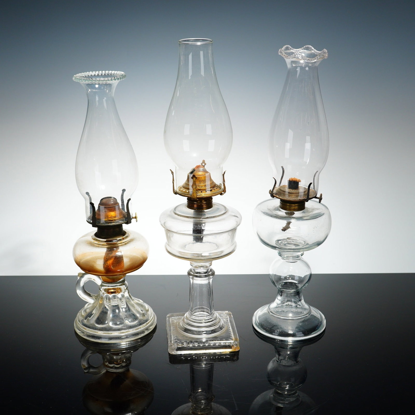 3pc Antique American Glass Kerosene Oil Lamps with Chimneys (1 of 5)