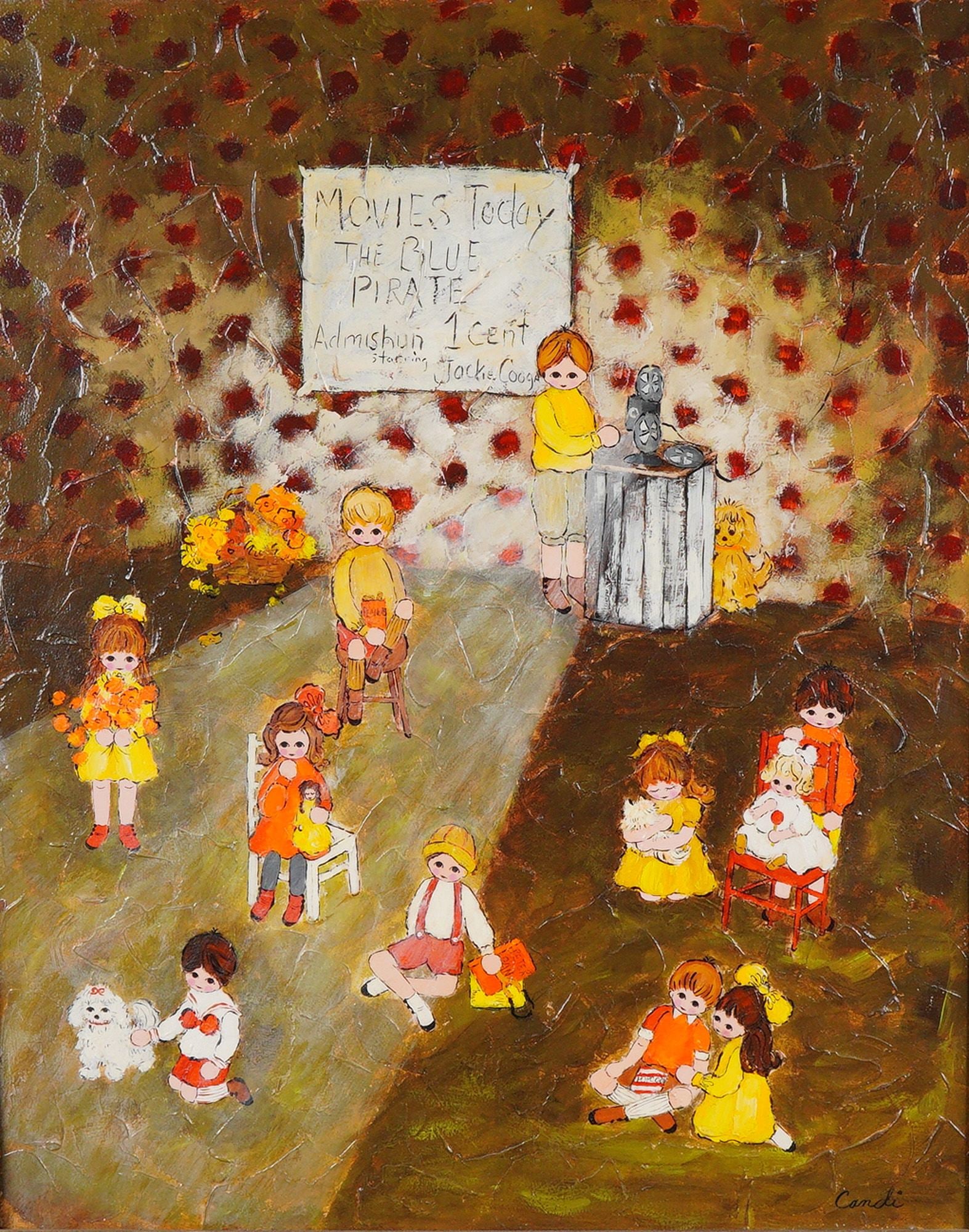 Candi (American, 20th-21st Century) Original Oil on Board Folk Art Painting: An original oil on board whimsical folk art painting by Californian artist Candi depicting children at a movie screening, signed in the lower right and featuring an artist biography on the verso.