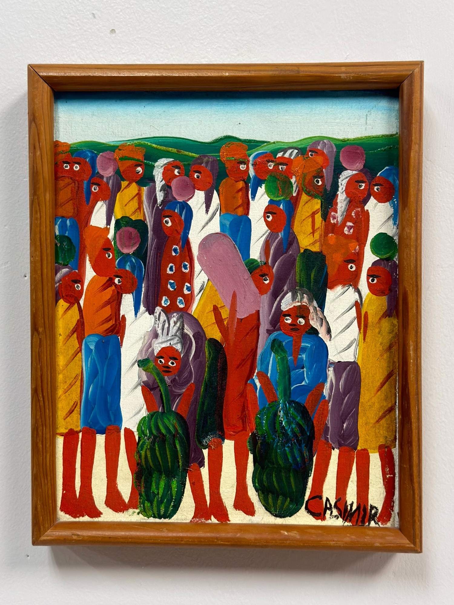 Laurent Casimir Signed Haitian Market Scene Acrylic Painting: This work by artist Laurent Casimir (1928-1990), is an acrylic painting on canvas depicting a crowded marketplace scene. The composition is filled with numerous stylized figures characterized by