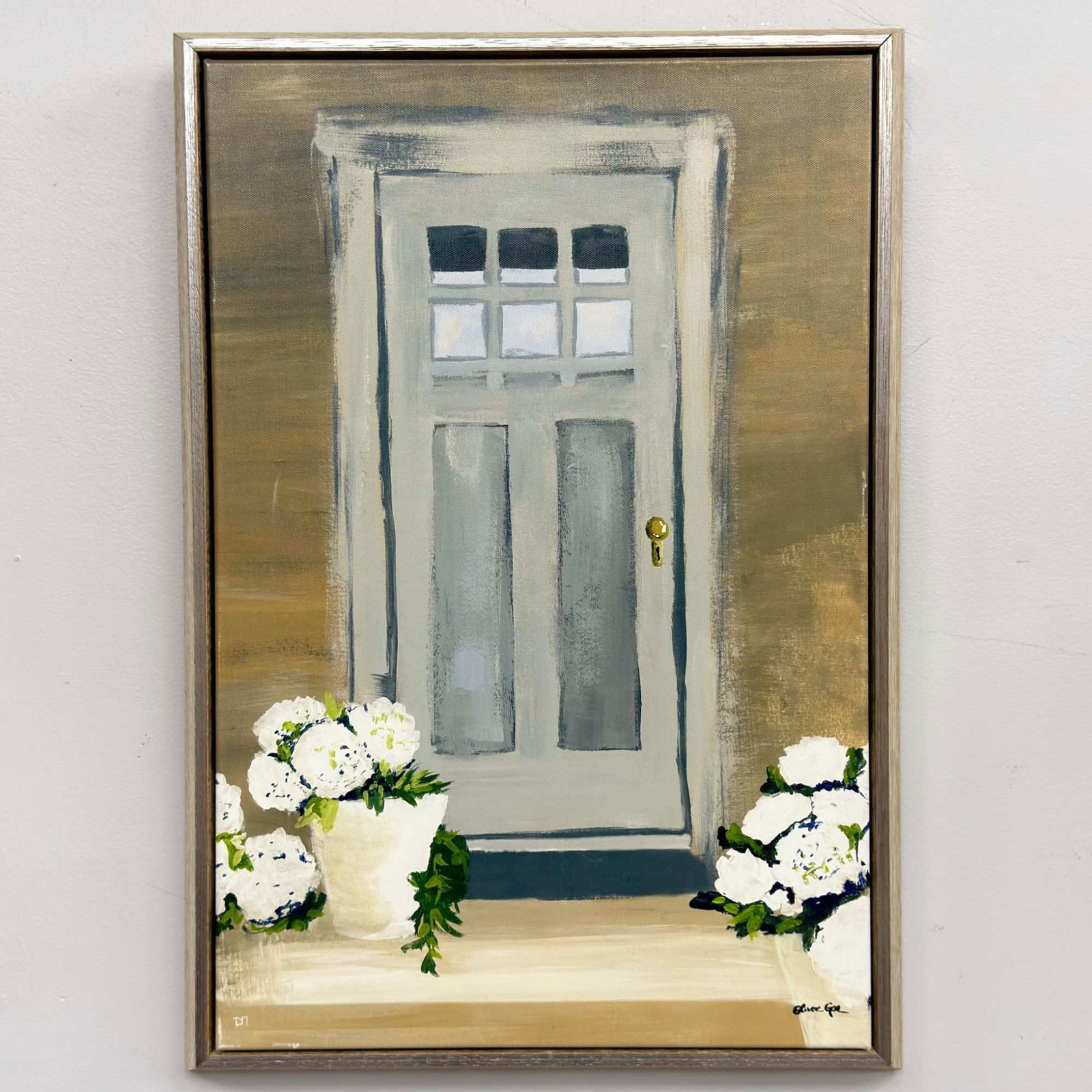 Oliver Gal Artist Co. Giclee on Canvas, Gracious Entry: A contemporary giclee on canvas produced by The Oliver Gal Artist Co., titled Gracious Entry. The artwork depicts a light gray paneled door with six window panes and a gold-colored doorknob set
