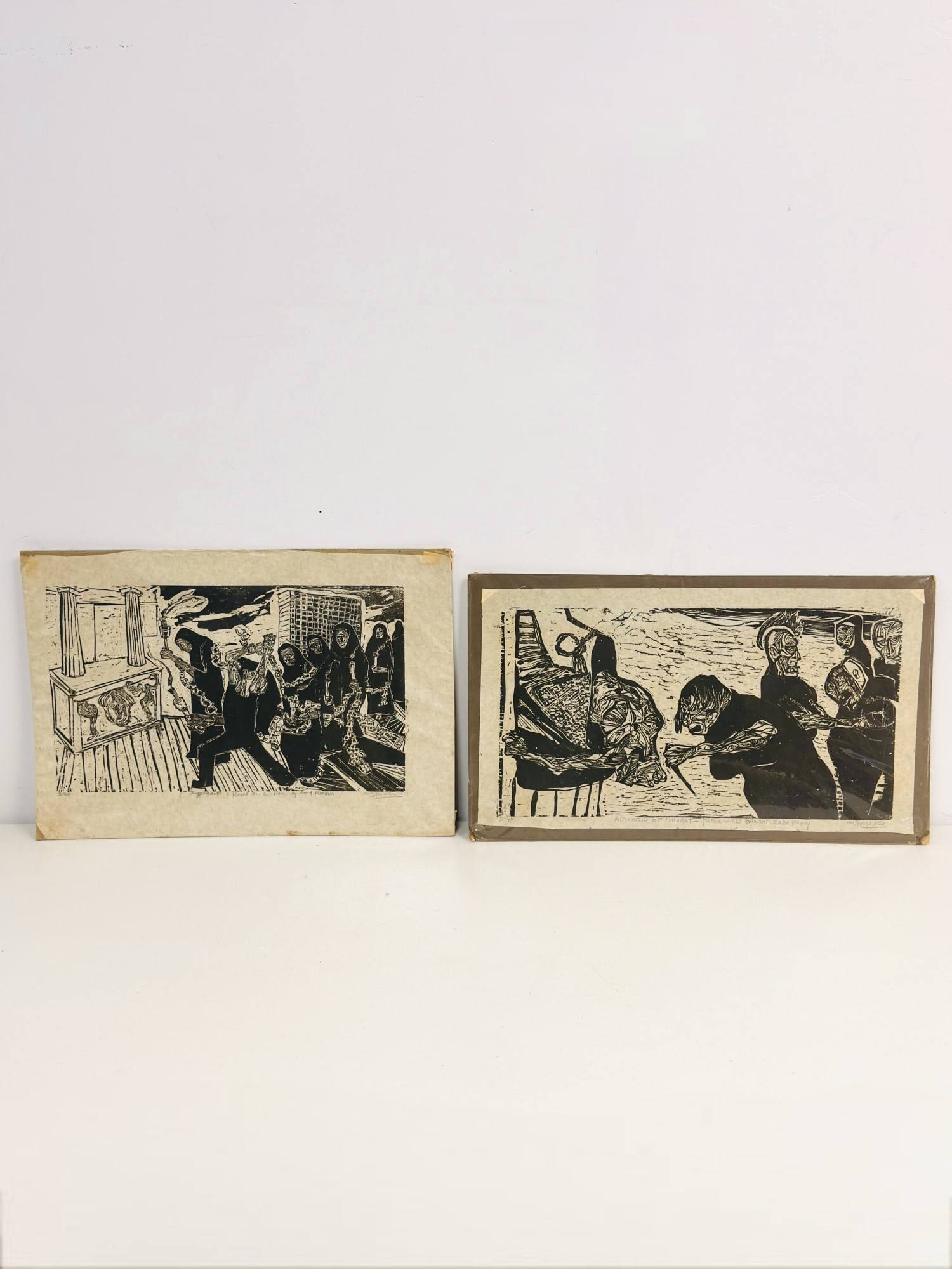Lot of 2 Nicholas Sperakis (American, b. 1943) Signed and Numbered Abstract Woodcuts: These expressionistic woodcuts by American artist Nicholas Sperakis (1943-2018) features dense, figurative compositions in the artist's characteristic high-contrast relief style. The first print is