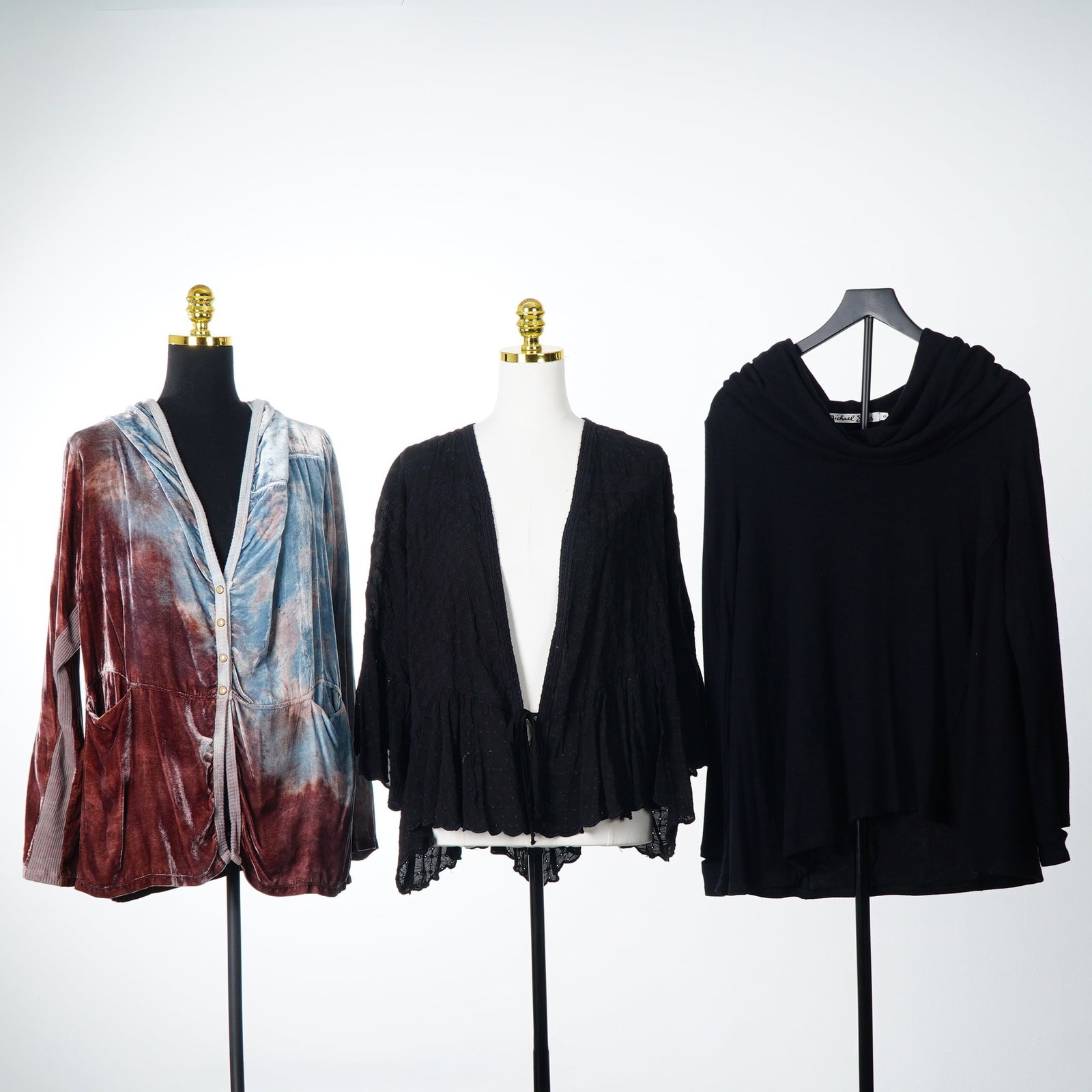 A Trio of Designer Womens Tops Including Johnny Was and Michael Stars: This lot consists of three designer womens tops. The first item is a Johnny Was velvet top in size S, styled as a hooded button-front jacket. The garment features a multi-color tie-dye pattern in