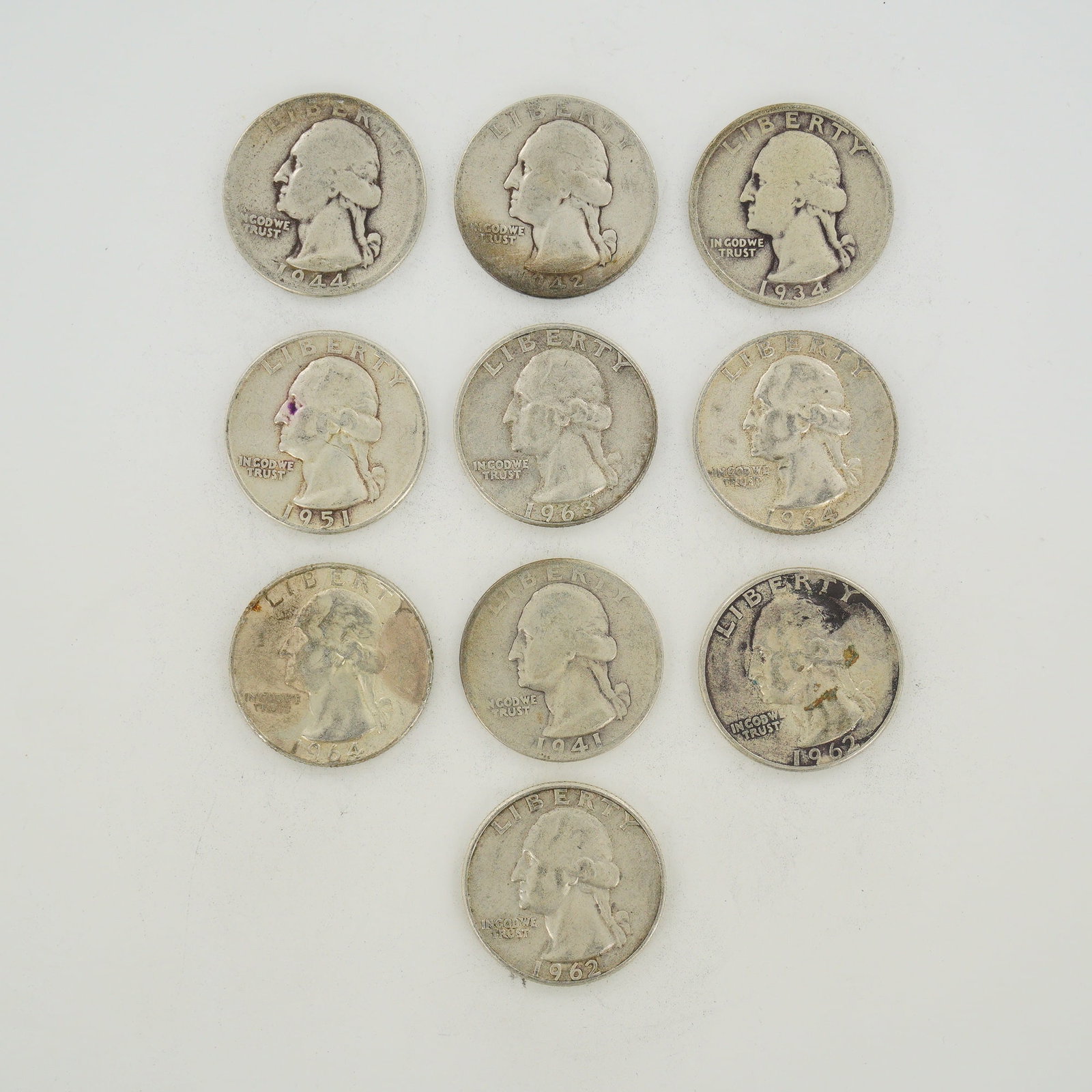 Ten US Silver Washington Quarters, 1934-1964 (1 of 2)