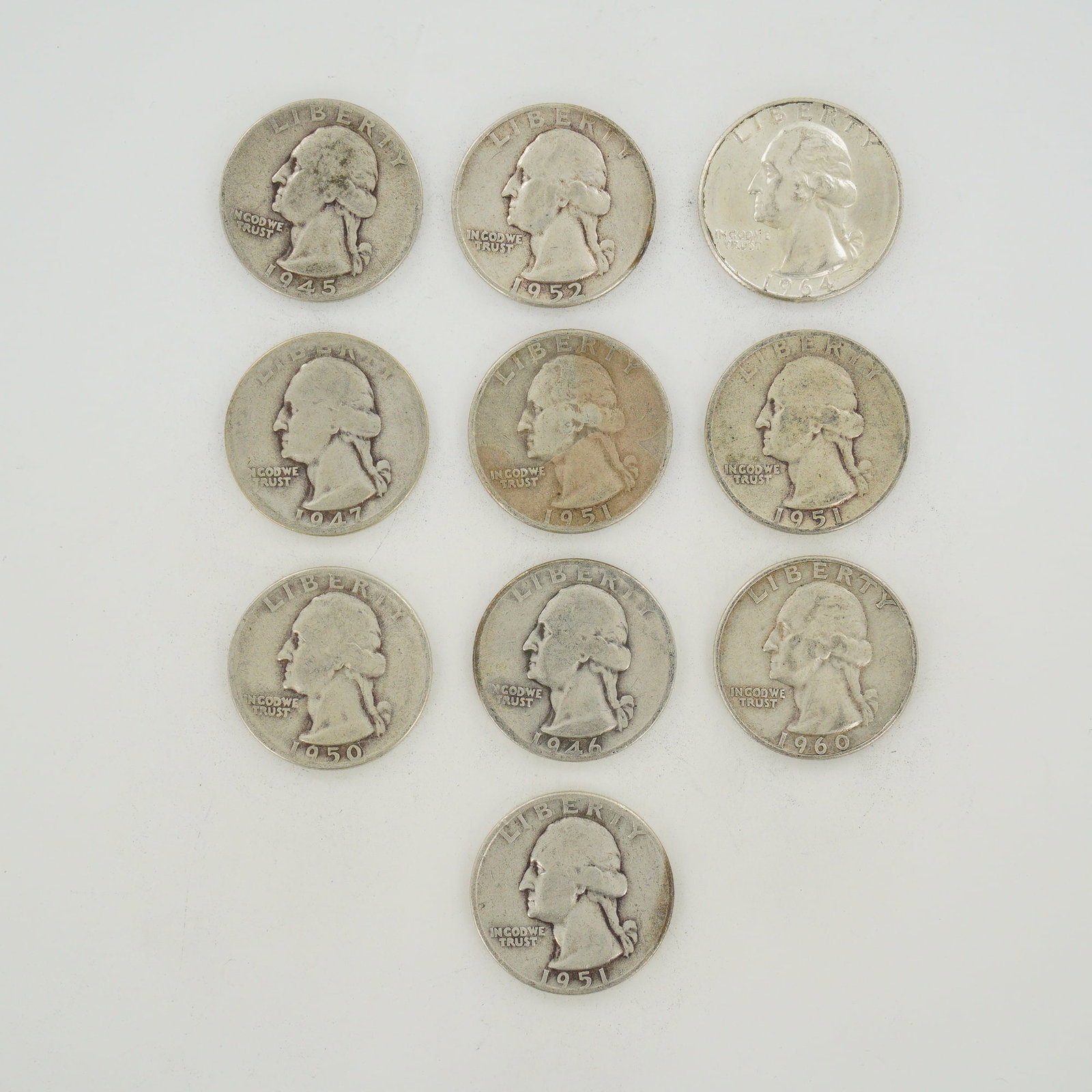 10pc Collection of US Silver Washington Quarter Dollars, 1946-1964 (1 of 2)