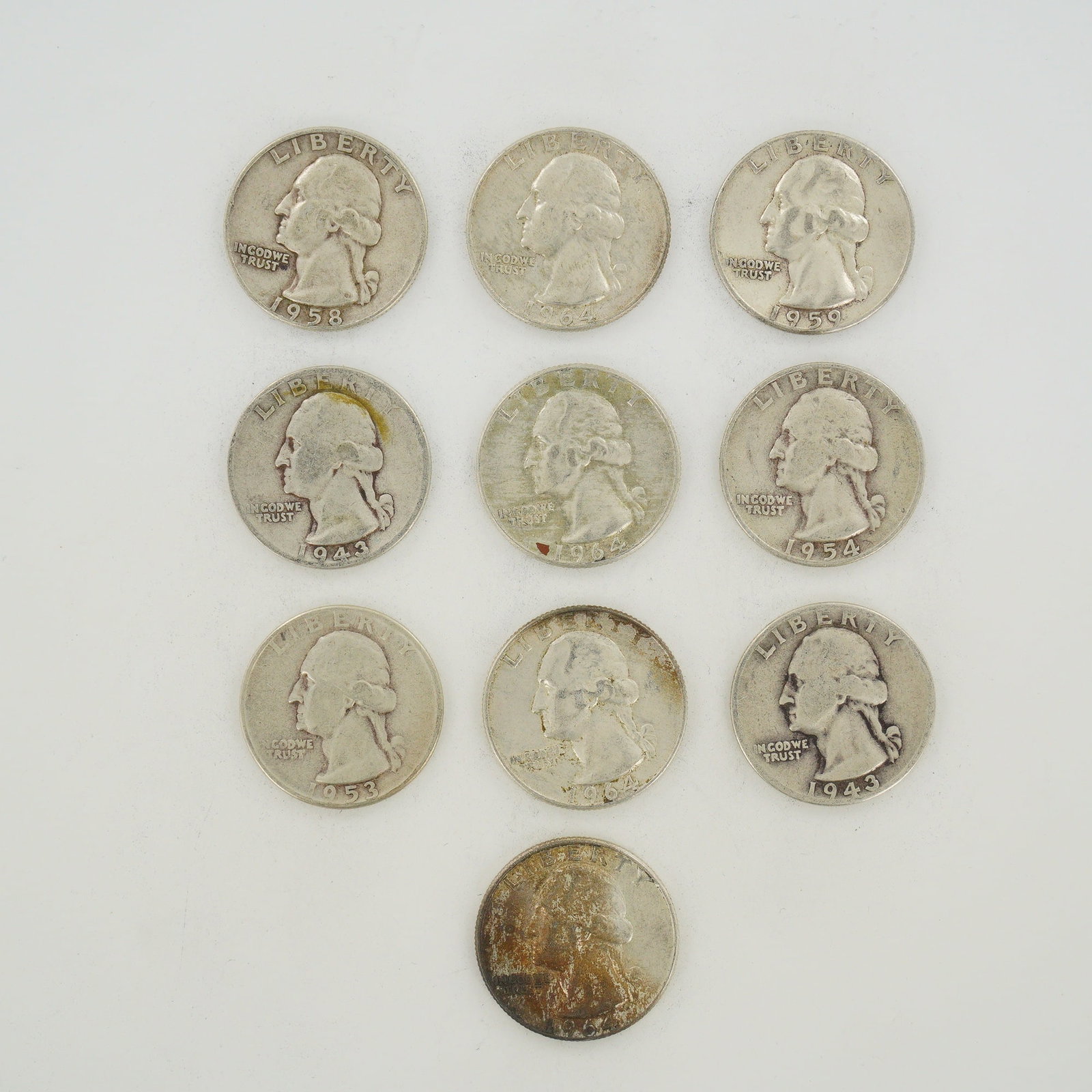 10pc Collection of US Washington Silver Quarter Dollars, 1943-1964 (1 of 2)