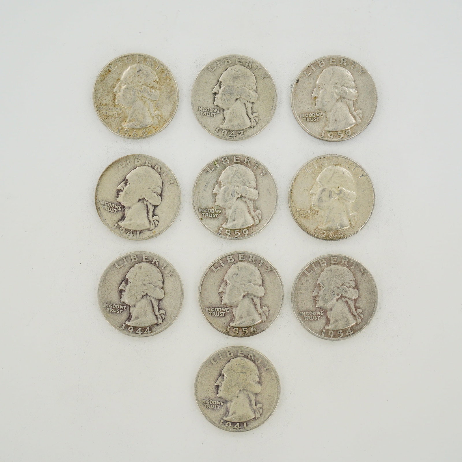 10pc Collection of US Washington Silver Quarters, 1941-1964 (1 of 2)