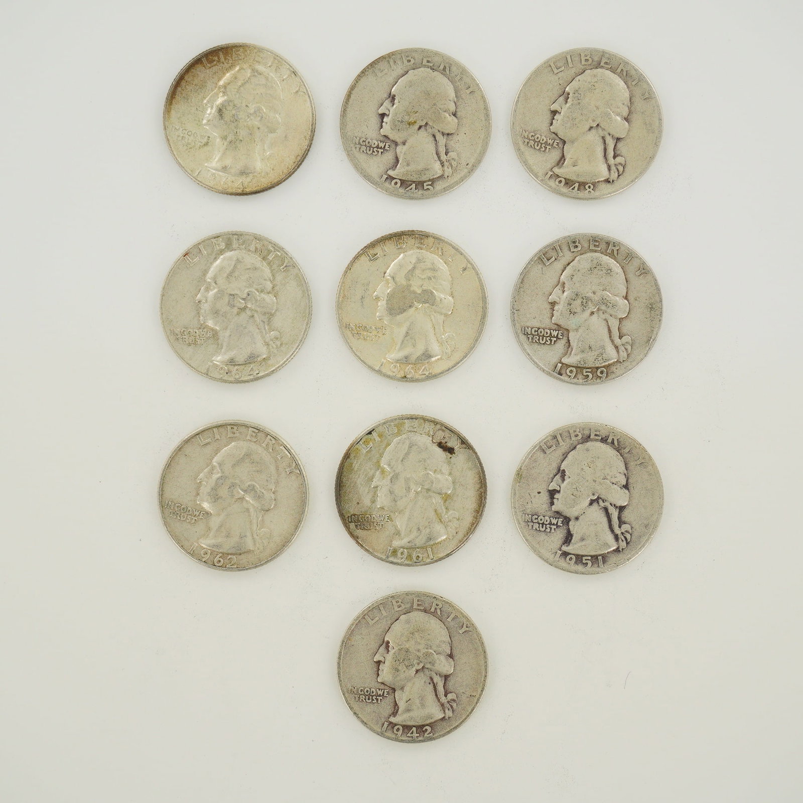 10pc Pre-1964 U.S. 90% Silver Washington Quarters (1 of 2)