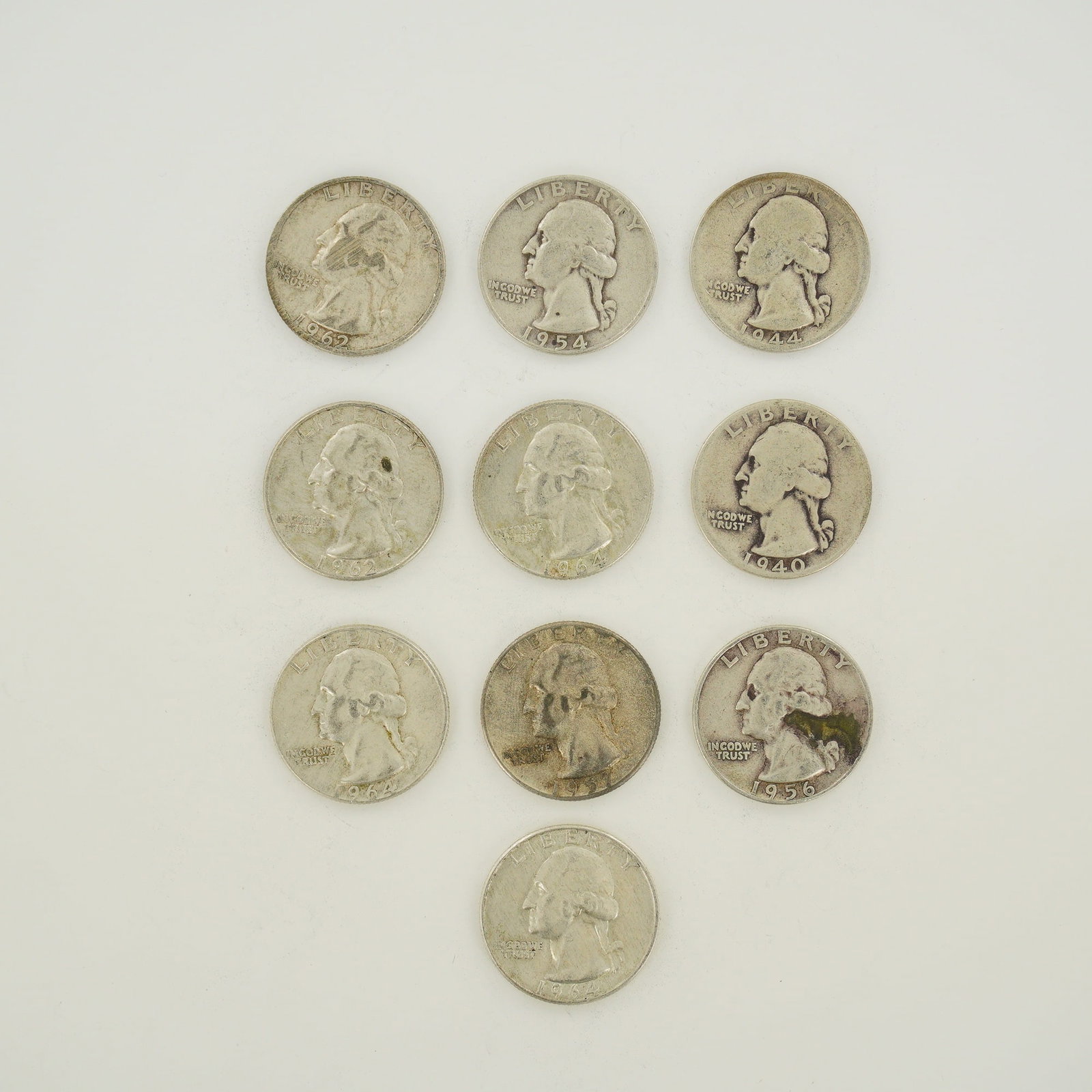 A Collection of Ten US 90% Silver Washington Quarters, 1940-1964 (1 of 2)