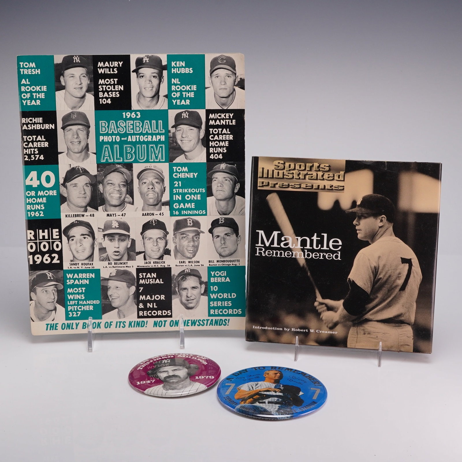 4pc New York Yankees and Major League Baseball Memorabilia, Mickey Mantle & Thurman Munson: This assortment of baseball memorabilia includes publications and commemorative items primarily focused on the New York Yankees. The lot features a 1963 Baseball Photo and Autograph Album, a vintage m