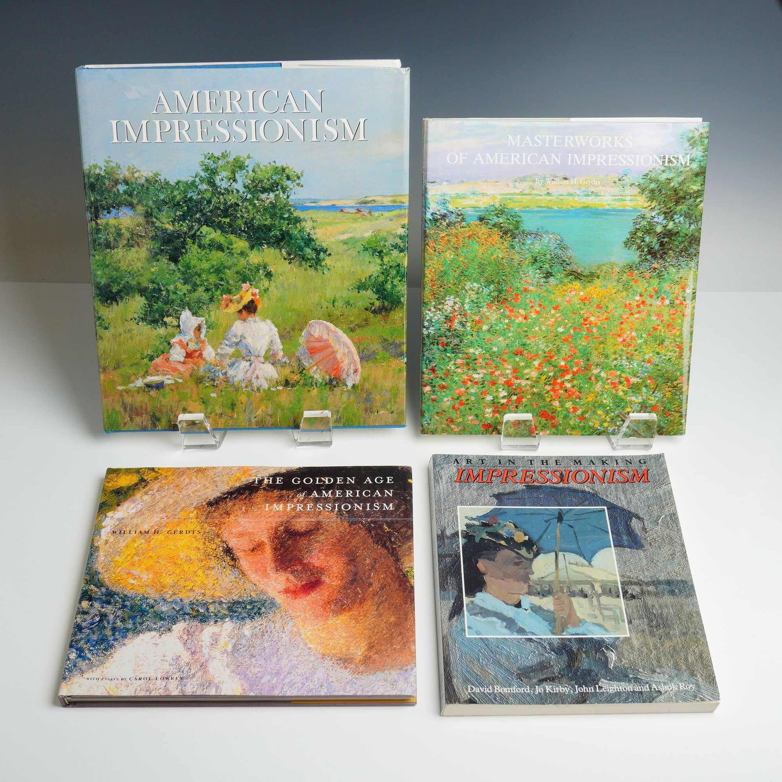 Lot of 4 American Hard and Softcover Impressionism Books, Various Publishers, 1984-1991: This lot consists of 4 large-format art reference books focused on American Impressionism, primarily authored or edited by art historian William H. Gerdts. The collection includes three hardcover