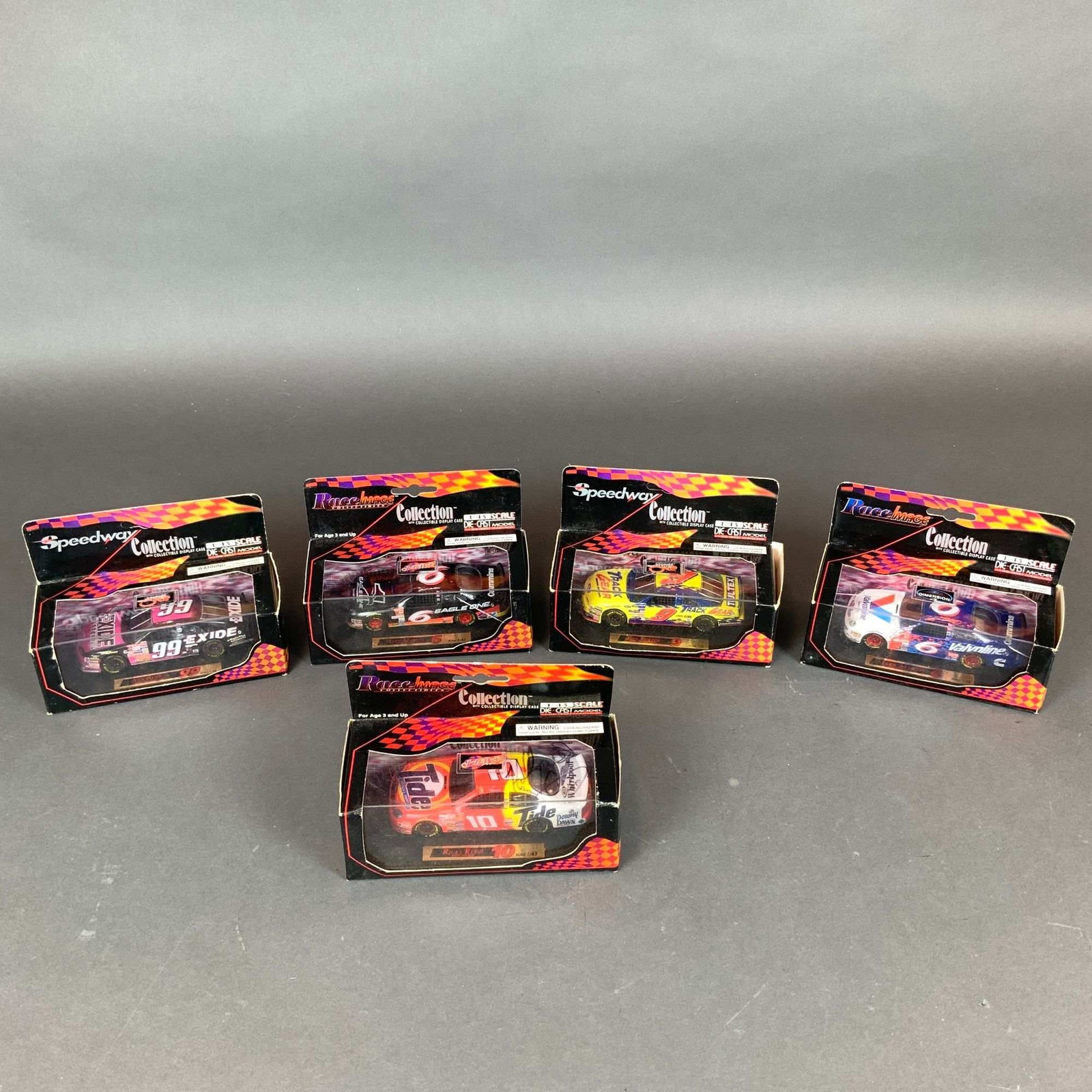 5pc Race Image & Speedway Collection 1:43 Die-Cast NASCAR Cars: This collection consists of five 1:43 scale die-cast NASCAR model race cars produced by Lucky Plan Ind. Ltd. for Dimension 4 under the brand names Race Image Collectibles and Speedway Collection. The