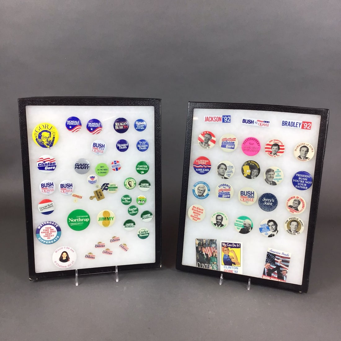 Two Framed 20th-Century U.S. Political Campaign Button and Ephemera Collections: This lot consists of two framed shadow-box collections containing an assortment of United States political campaign memorabilia, primarily dating from the mid-1970s through 1992. The items are