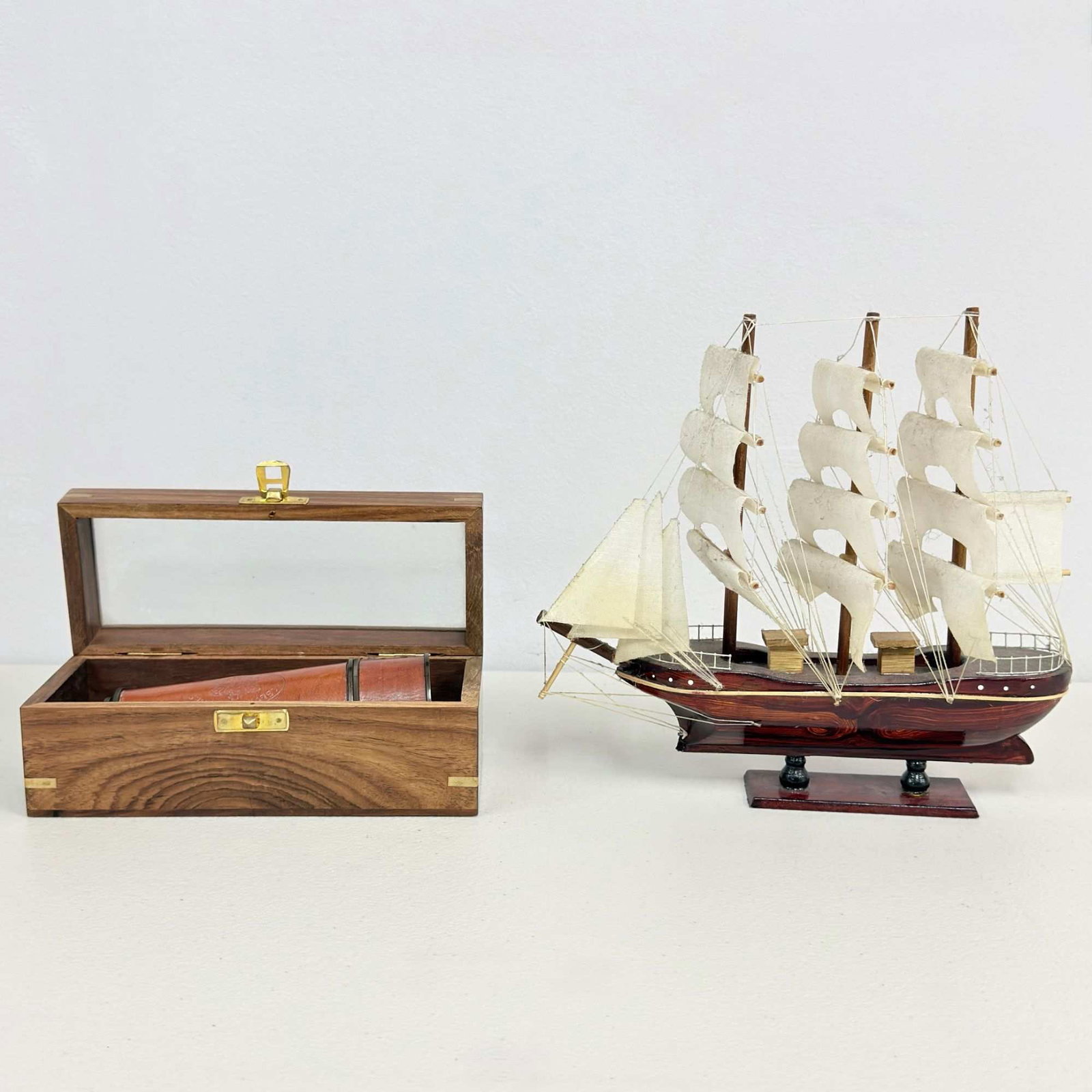 Two Marine Nautical Items Comprising a Kelvin & Hughes Brass Telescope in Wooden Case and a Wooden (1 of 4)