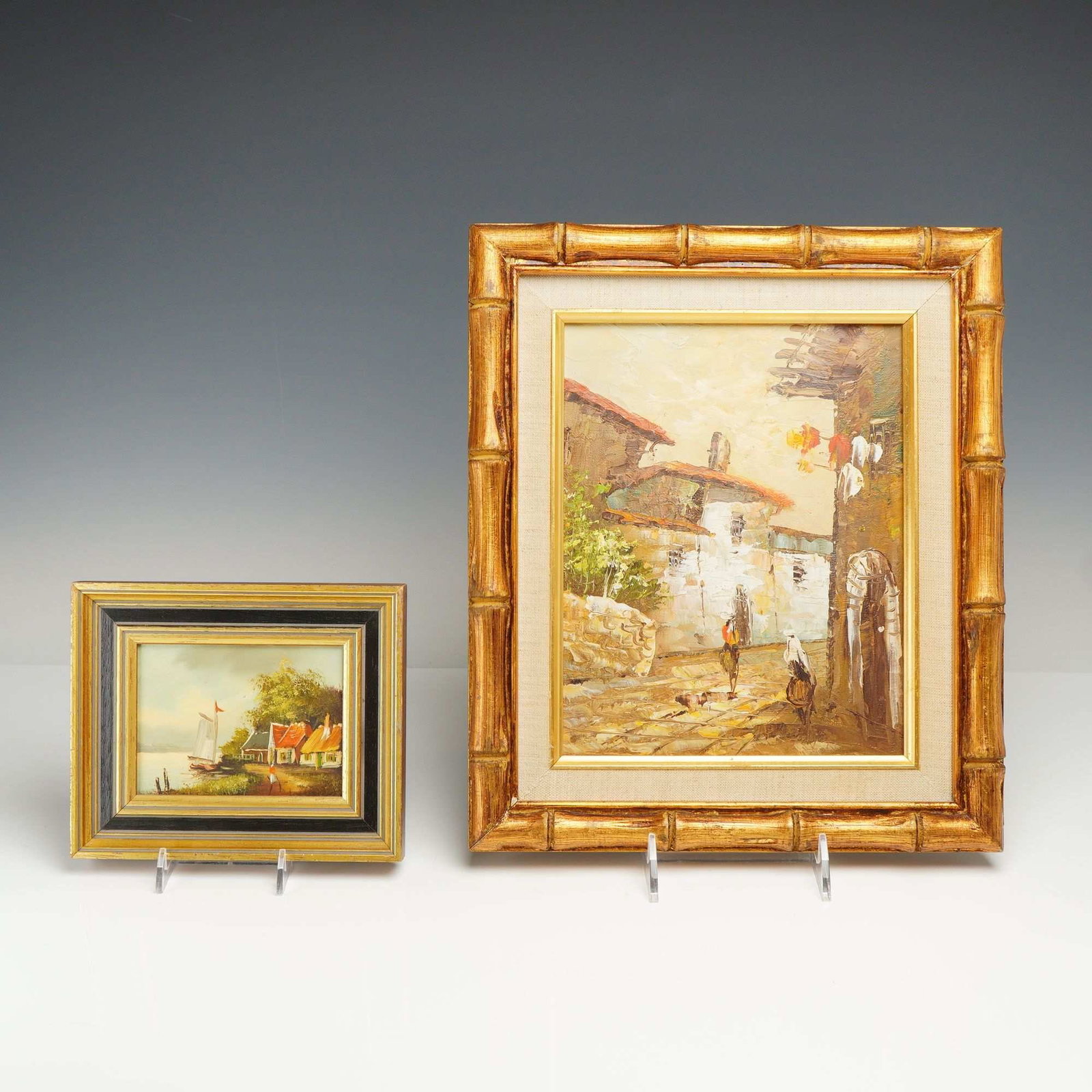 2pc Framed Oil Paintings, Coastal Scene on Board and Village Scene on Canvas (1 of 4)