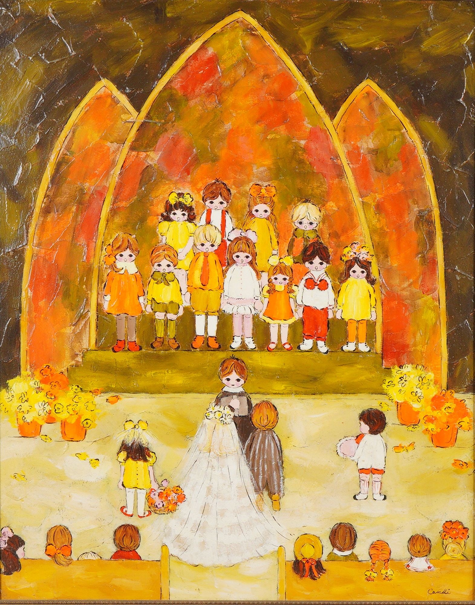 Candi (American, 20th-21st Century), Whimsical Wedding Scene, (Signed): Candi (American, 20th-21st Century). An original oil on hardboard depicting a charming and whimsical wedding ceremony. The composition features a bride in a flowing white veil and a groom in a brown s