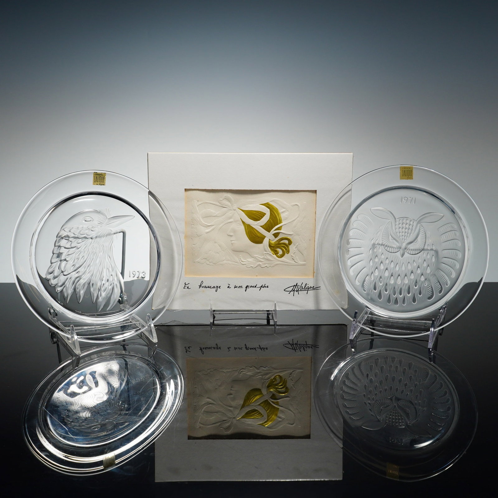 3pc Lalique Art Glass Annual Plates & Signed Print by Marie Claude Lalique (1 of 5)