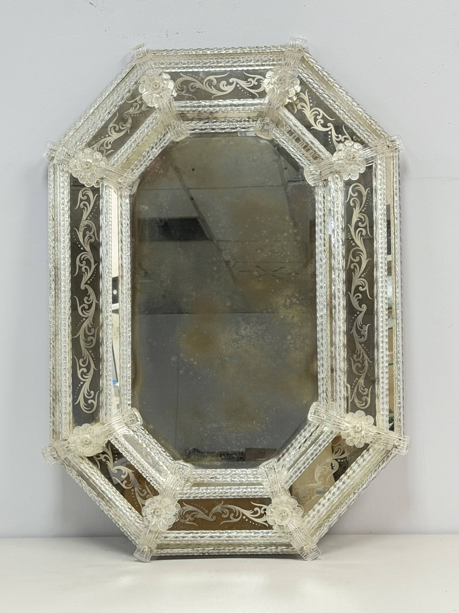 Venetian Wall Mirror Decorated with Murano Glass Flowers and Scrolled Edges (1 of 3)