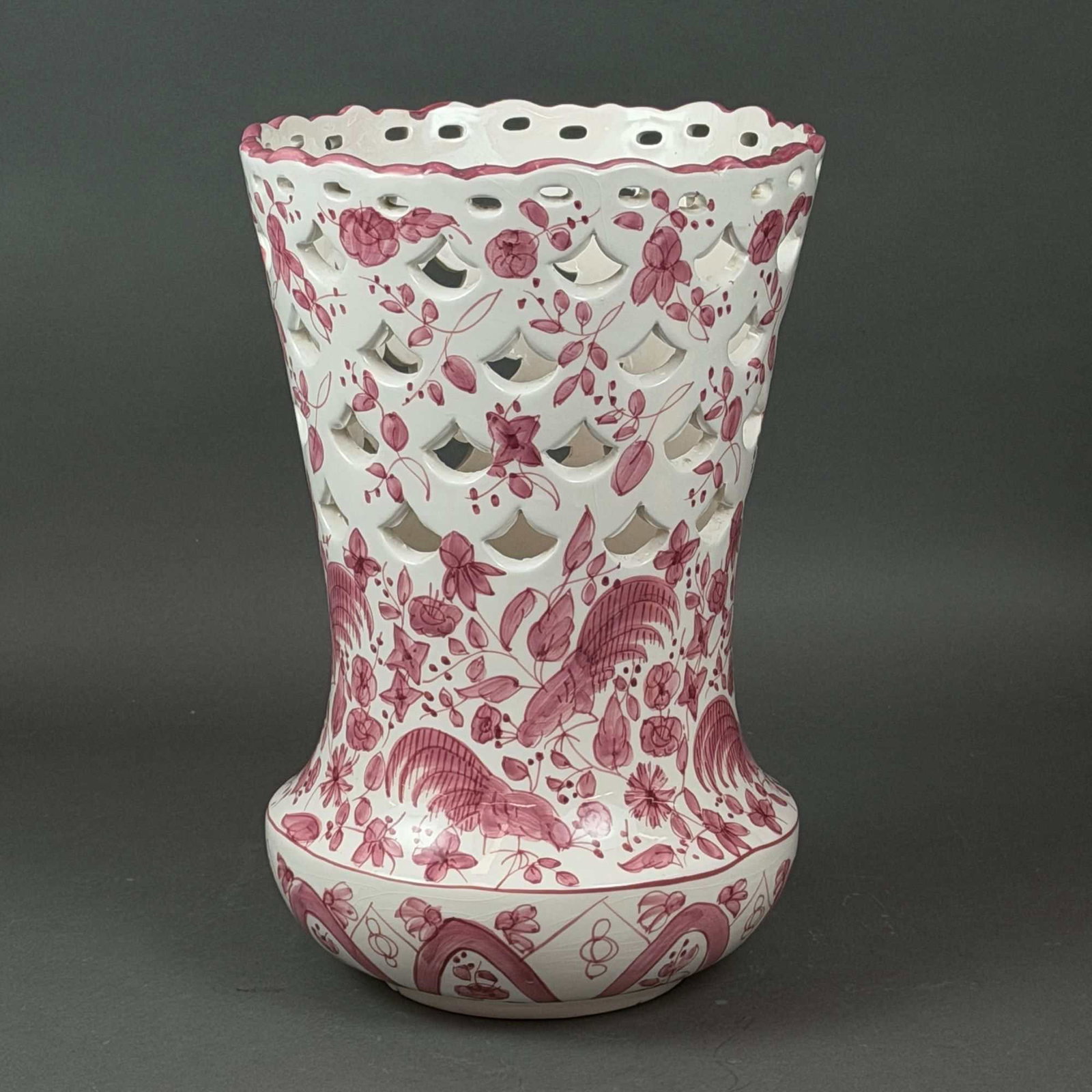 Large Spanish Hand Painted Reticulated Ceramic Vase with Rooster Decoration (1 of 3)
