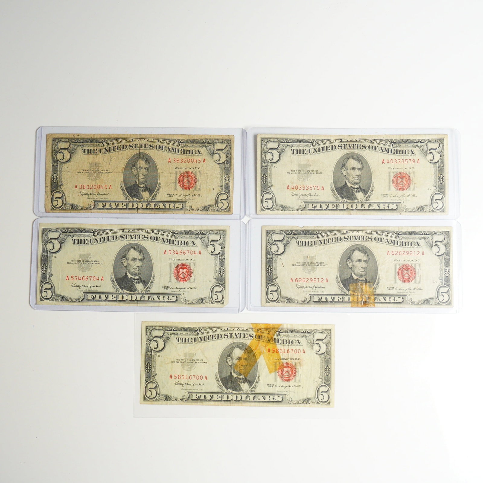 Five 1963 US Five Dollars Red Seal Notes (1 of 2)
