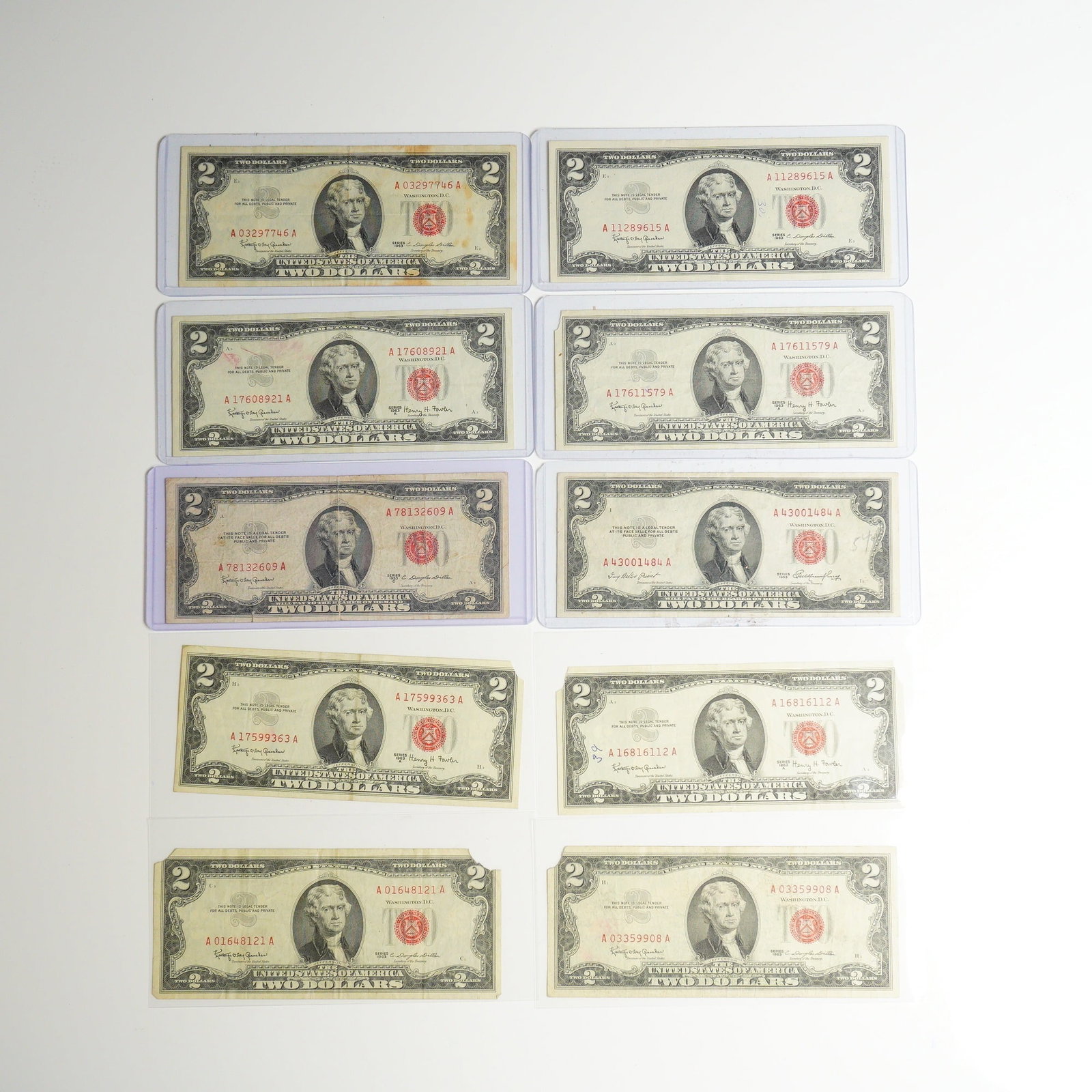 Ten 1953, 1953-C, 1963 & 1963-A US Two Dollars Red Seal Notes (1 of 2)