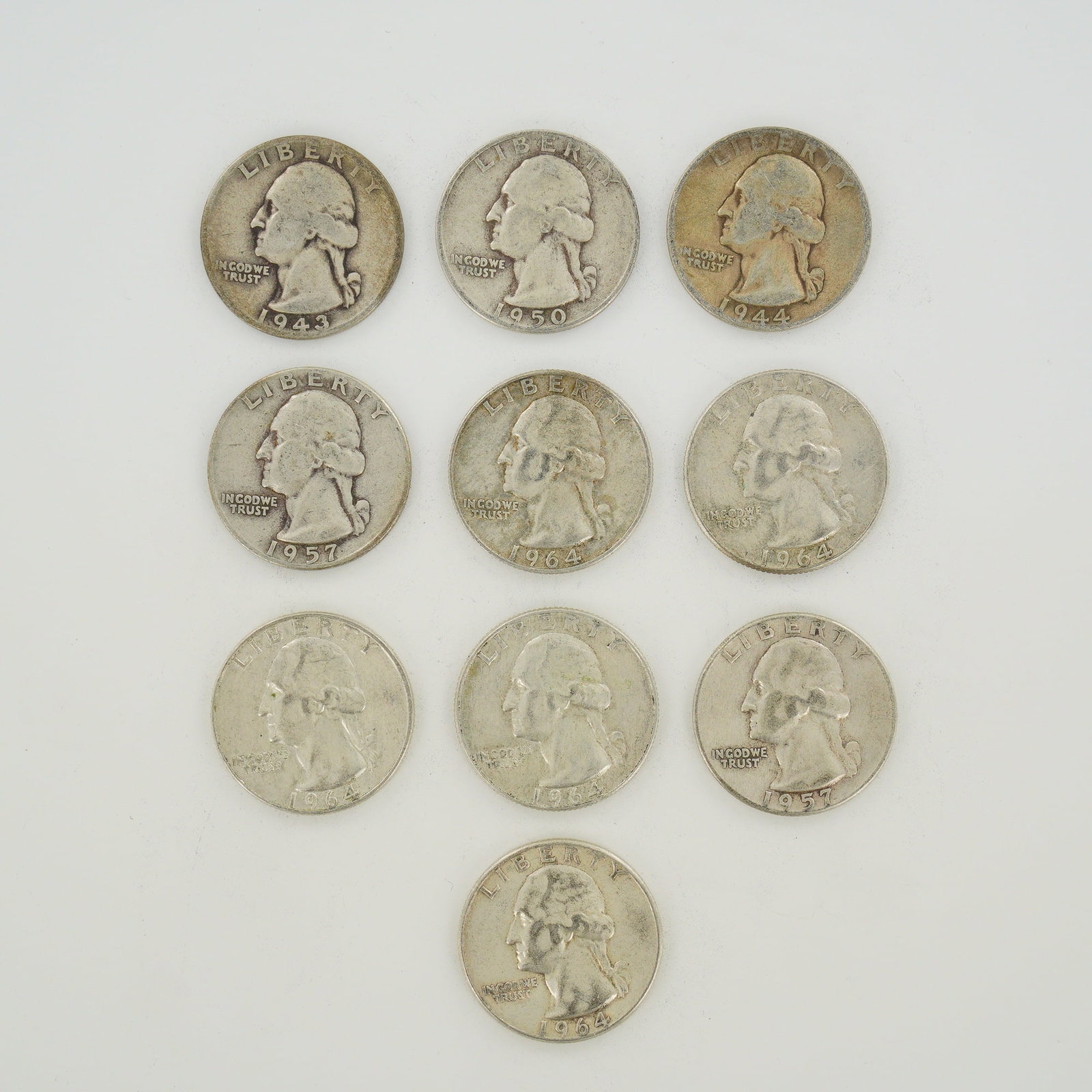 10pc US Silver Washington Quarter Dollars, 1943-1964 (1 of 2)