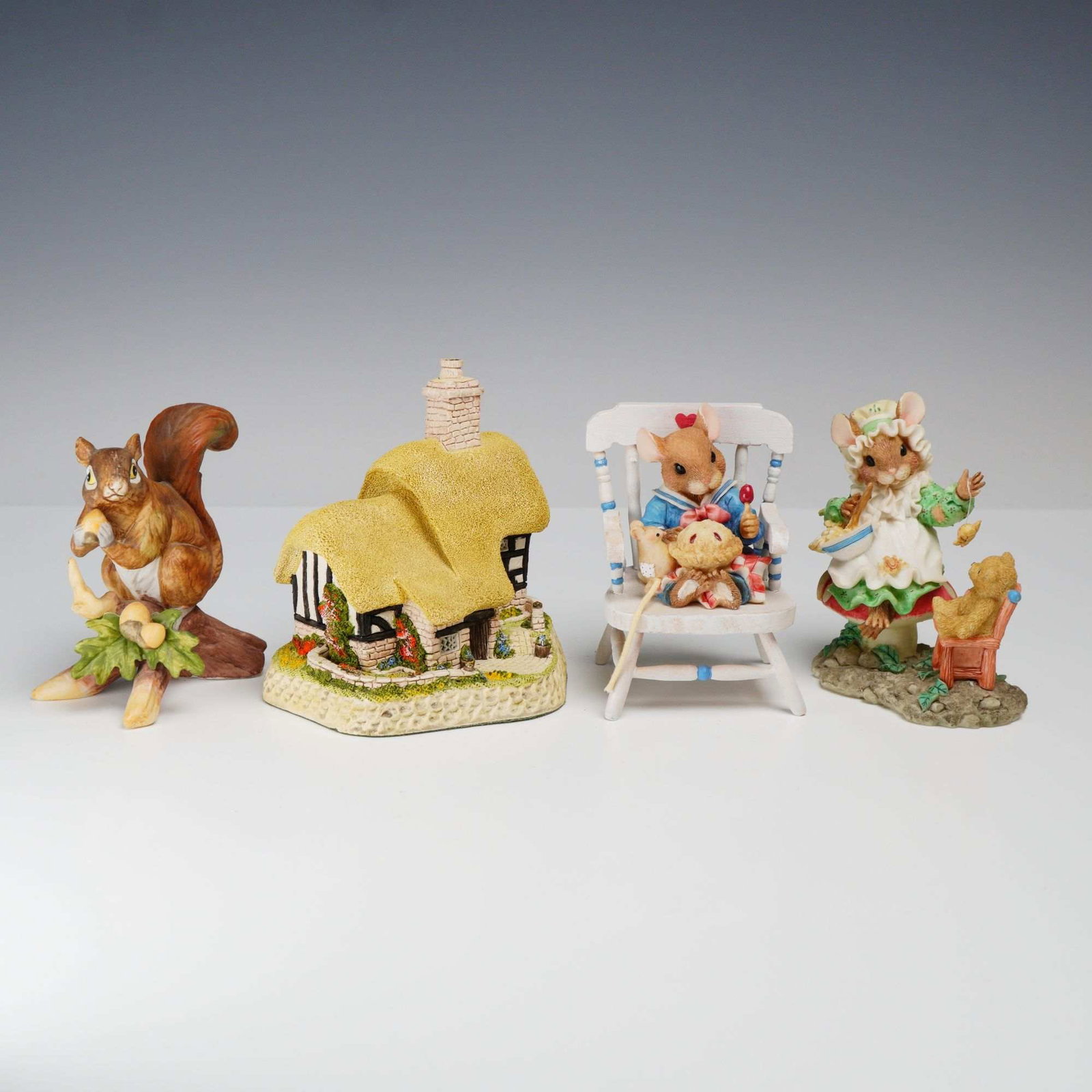 4pc Figurines Including David Winter Blossom Cottage, Lefton Squirrel, and Priscilla Hillman Mouse (1 of 3)