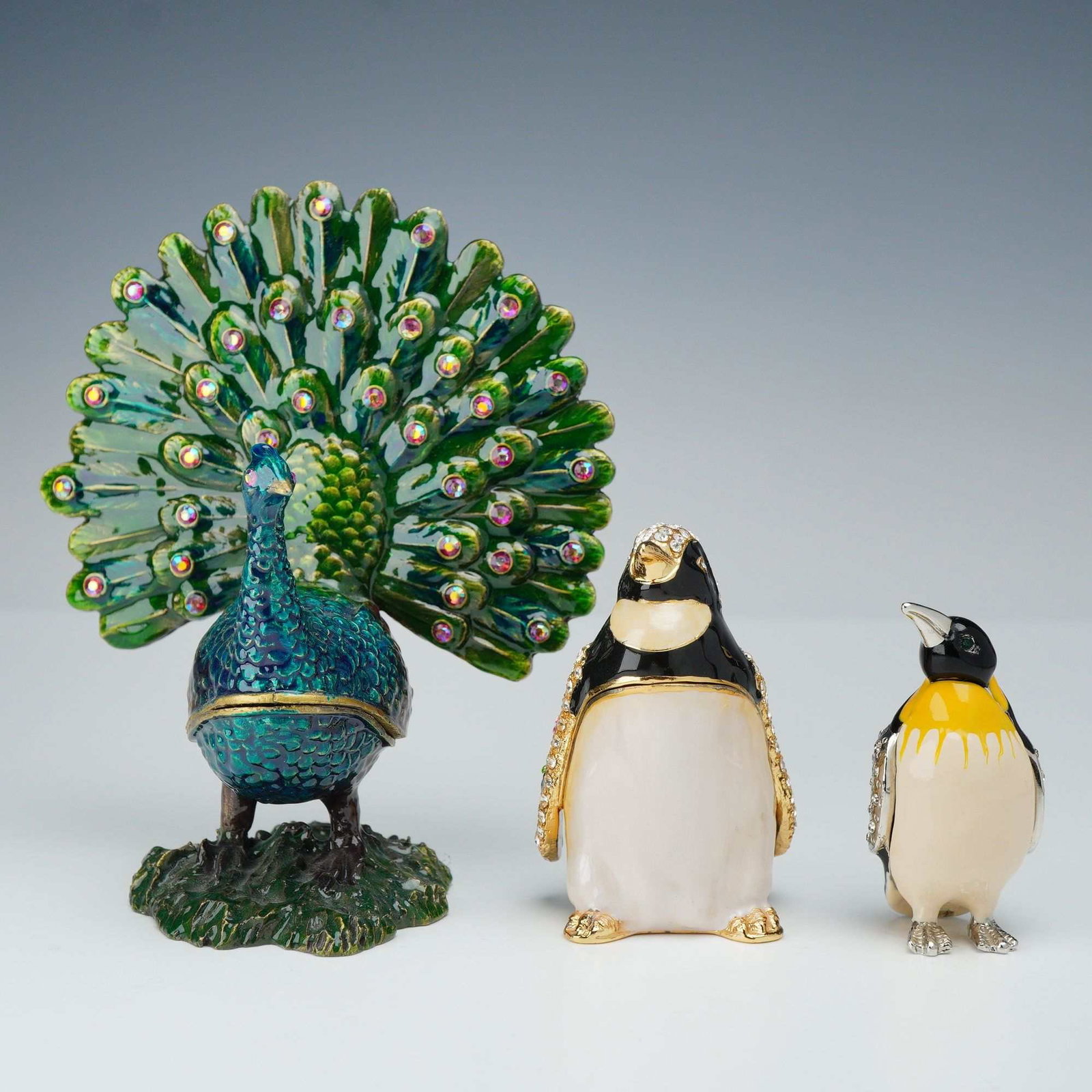 3pc Bejeweled Animal Trinket Boxes with Magnetic Closure - 2 Penguins, 1 Peacock (1 of 3)