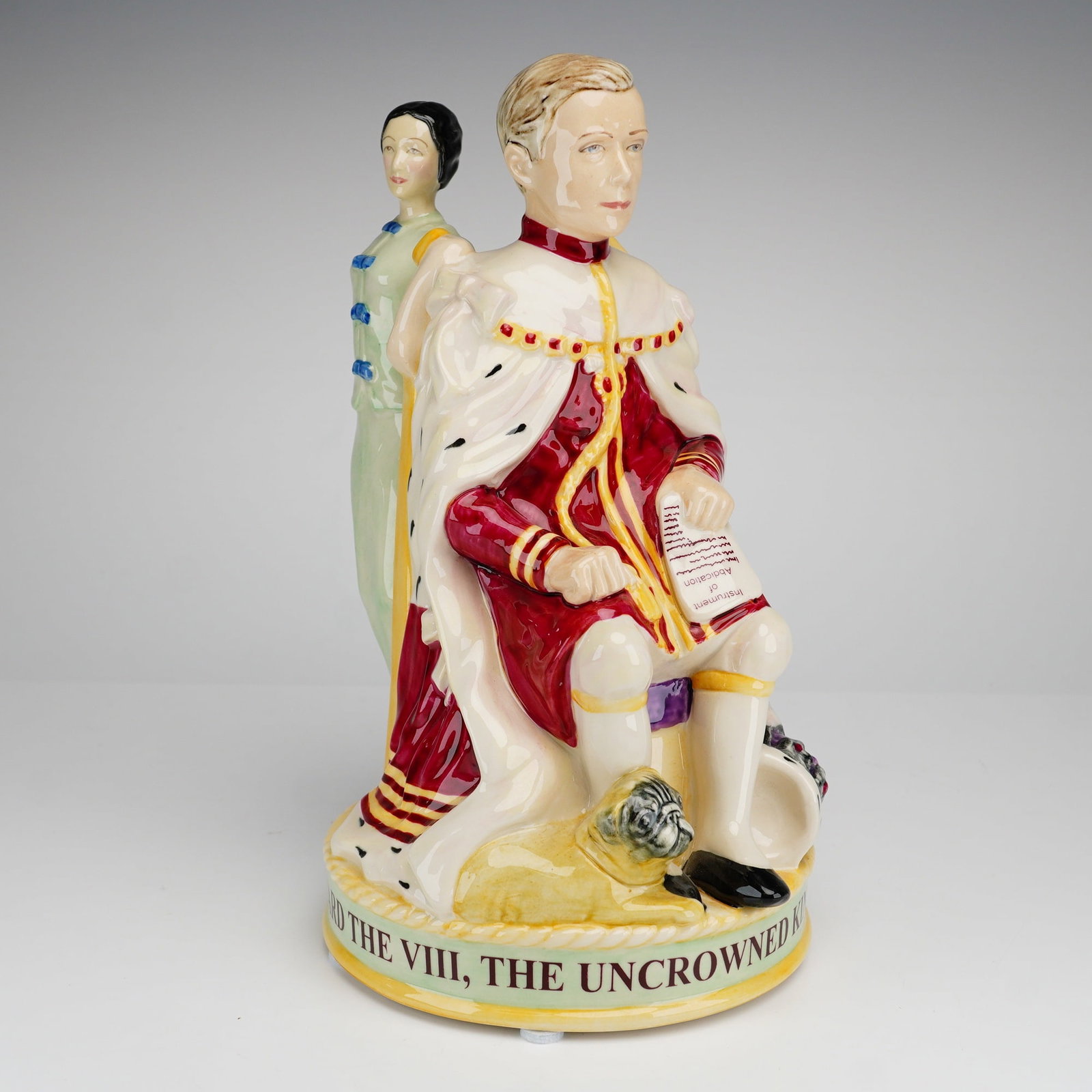 Kevin Francis Peggy Davies Lady Grace China Limited Edition Jug, The King's Dilemma: This commemorative polychrome glazed ceramic character jug, titled The King's Dilemma, was produced by Peggy Davies Ceramics under the Lady Grace China line in Staffordshire. The piece portrays King