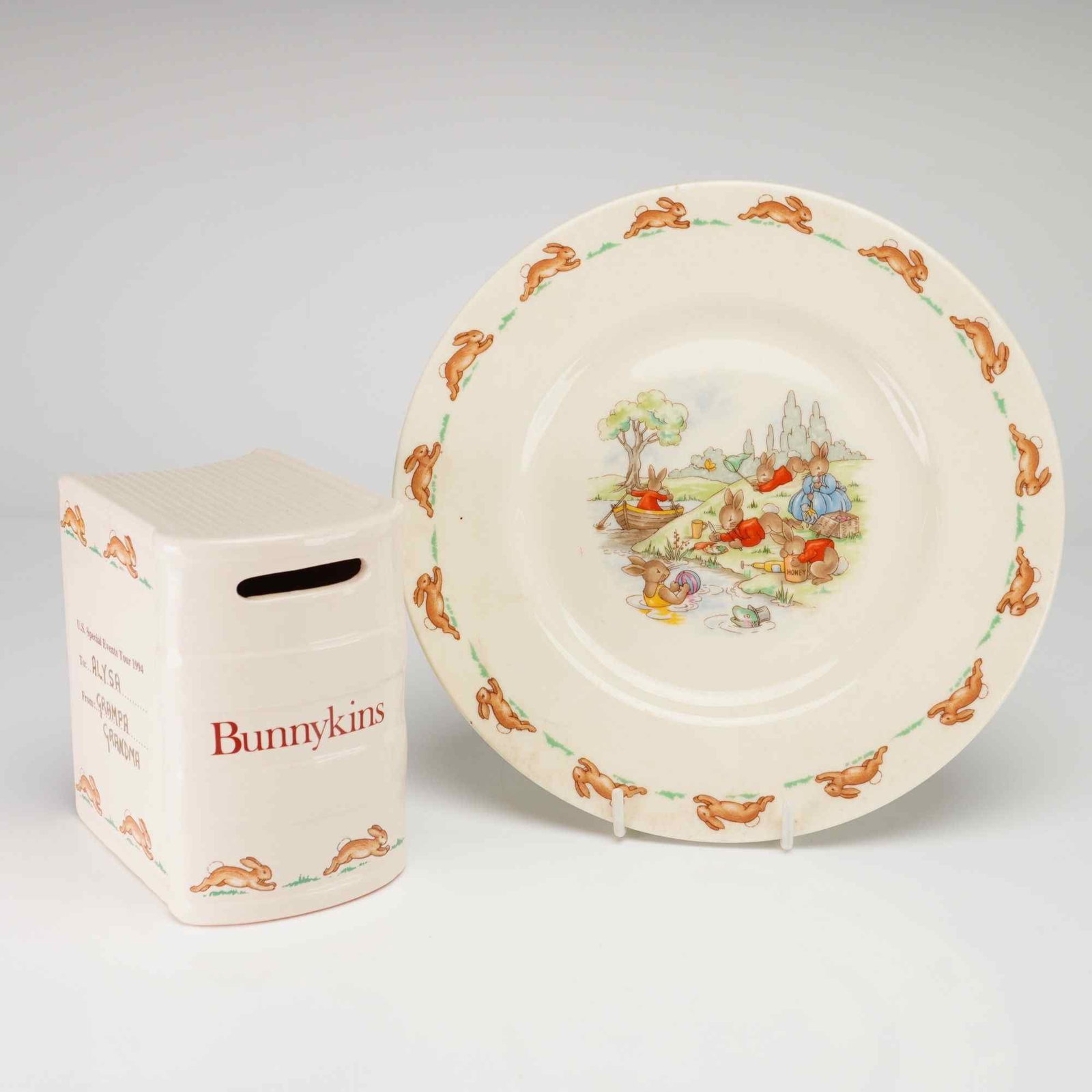 Two Royal Doulton Bunnykin Nursery Items, Commemorative Coin Bank and Plate (1 of 4)