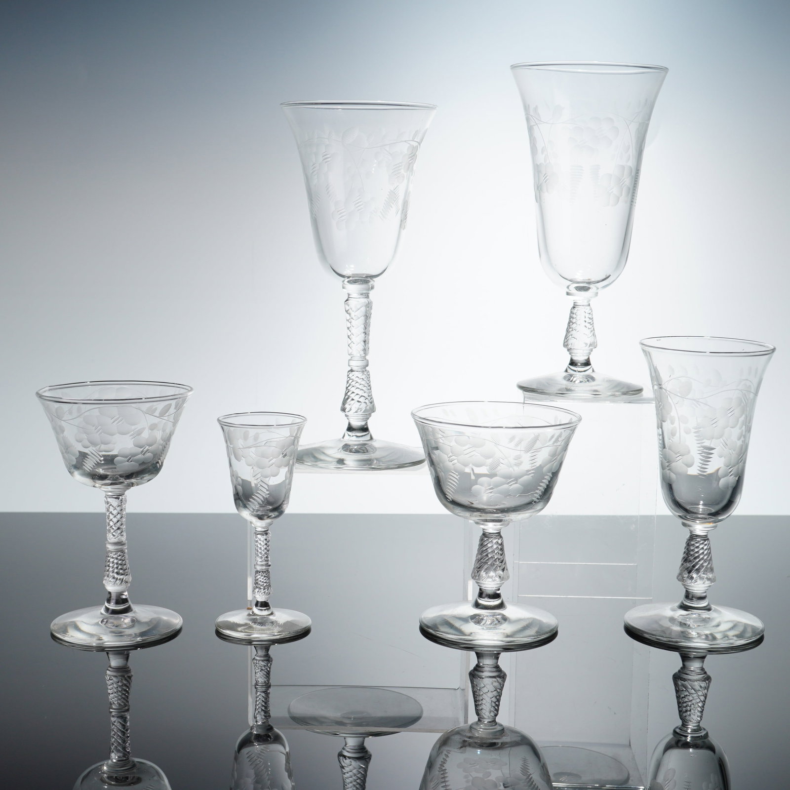 Set of Six Assorted Facet-Cut and Etched Glasses (1 of 4)