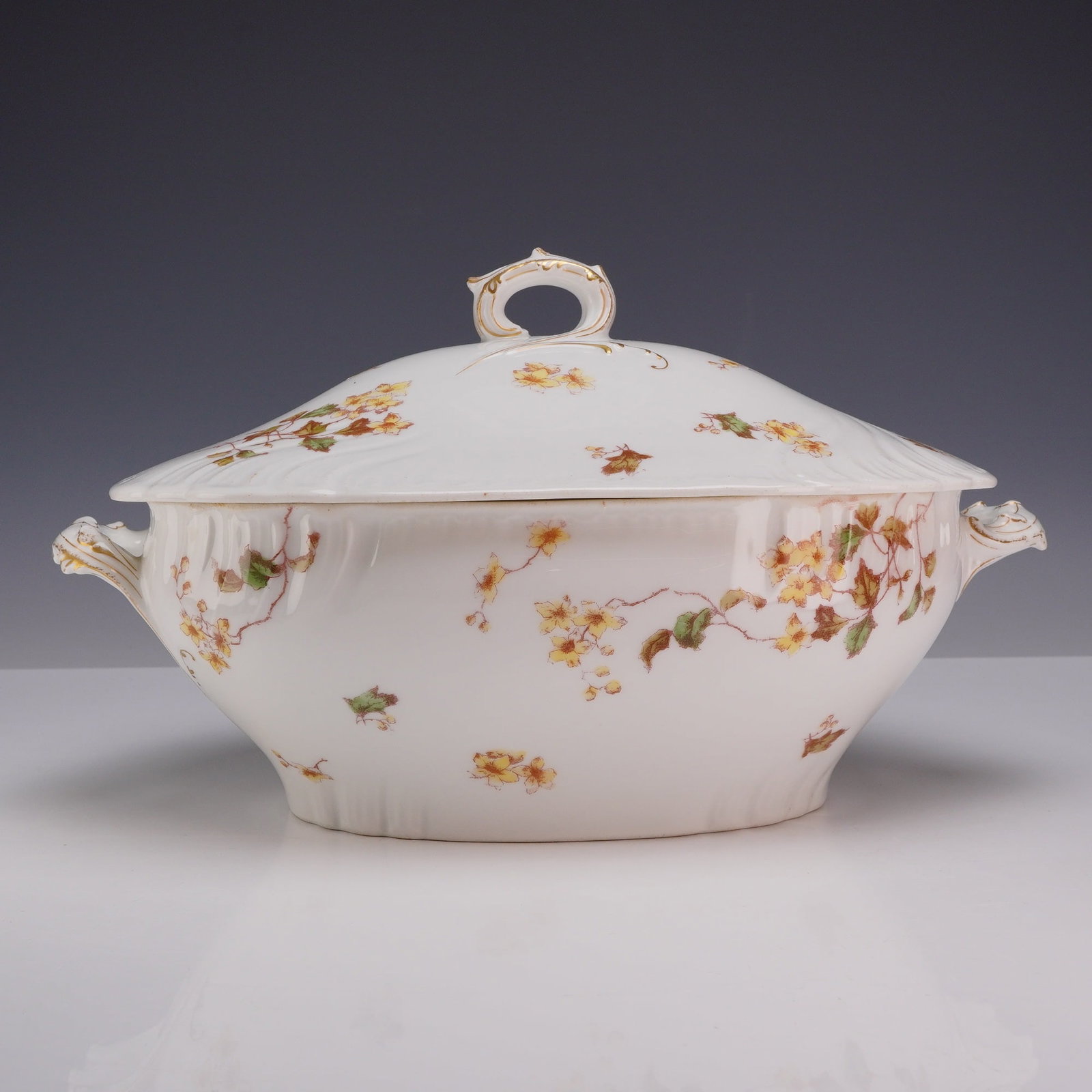 Haviland and Co. Limoges Porcelain Lidded Tureen: This porcelain lidded tureen was manufactured in Limoges, France, by the factory of Charles Field Haviland during the Gerard, Dufraisseix and Morel (GDM) partnership and decorated or exported by