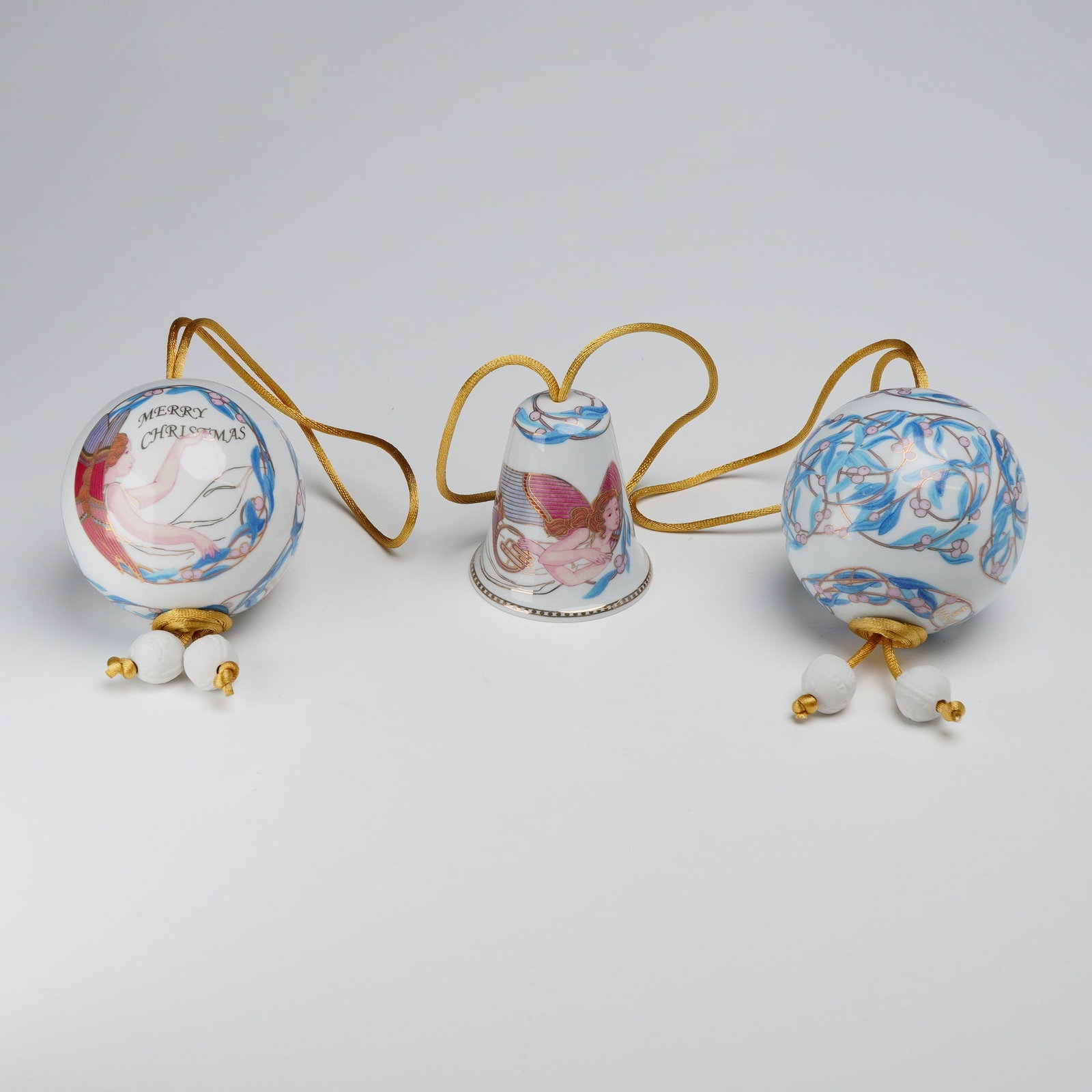 3pc Lladro Celestial Music Series Porcelain Christmas Ornaments with Original Boxes: This three-piece set of fine porcelain holiday ornaments is produced by the Spanish manufacturer Lladro as part of the 2003 Celestial Music collection. The set consists of two spherical ball ornaments