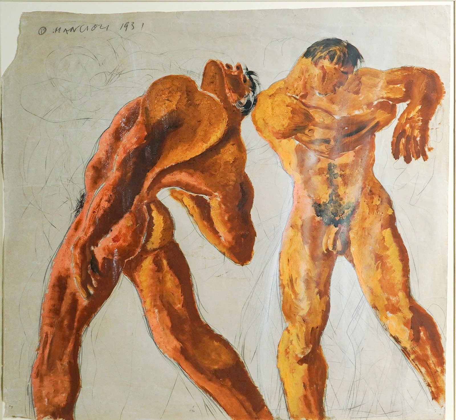 Ottorino Mancioli (Italian 1908-1990), Oil on Paper, Male Nudes, Signed: This oil and graphite painting on paper, by Italian artist Ottorino Mancioli, dated 1931, depicts two muscular nude male figures in dynamic poses. The work is executed in a Futurist and Cubist fusion