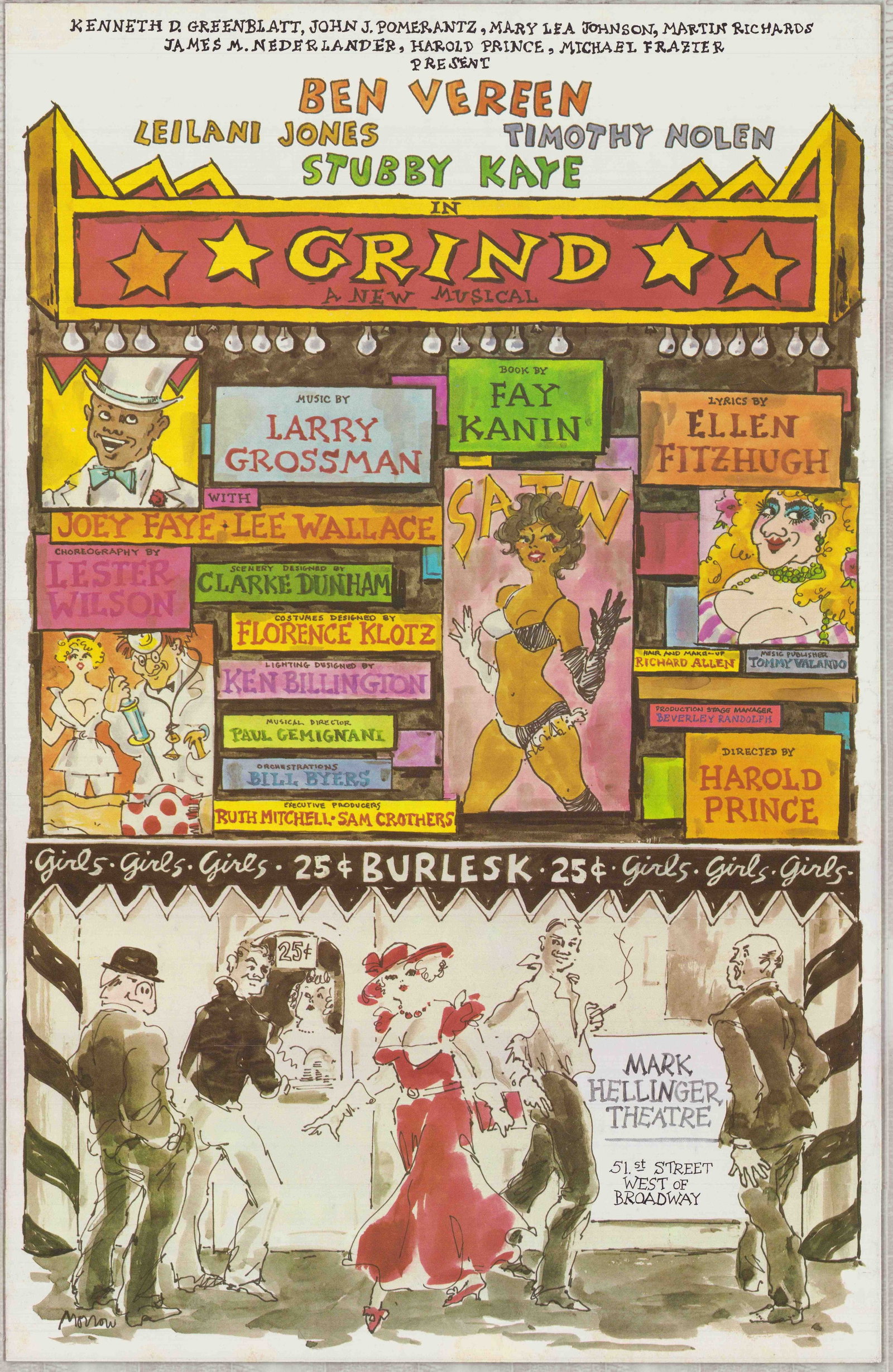 Grind: A New Musical 1985, Original Hand-Painted Poster: This is an original hand-painted theatrical poster design for the 1985 Broadway production of Grind: A New Musical. Executed in gouache, watercolor, and ink on illustration board, the artwork is signe
