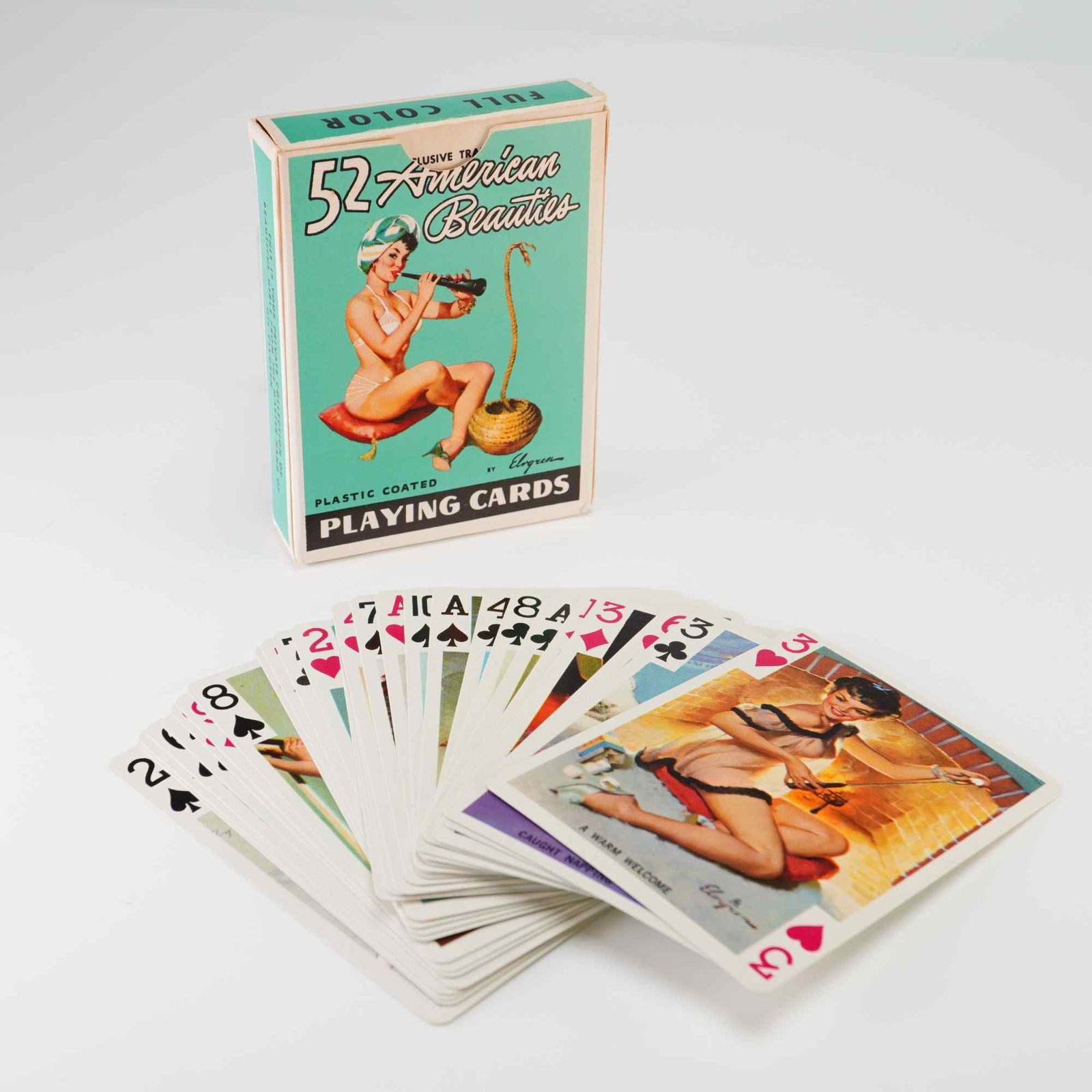 52 American Beauties Pin-up Playing Card Deck with Illustrations by Gil Elvgren: This vintage erotica playing card pack, titled 52 American Beauties, features illustrations by American artist Gil Elvgren (1914??"1980). The set consists of a complete deck of plastic-coated playing 