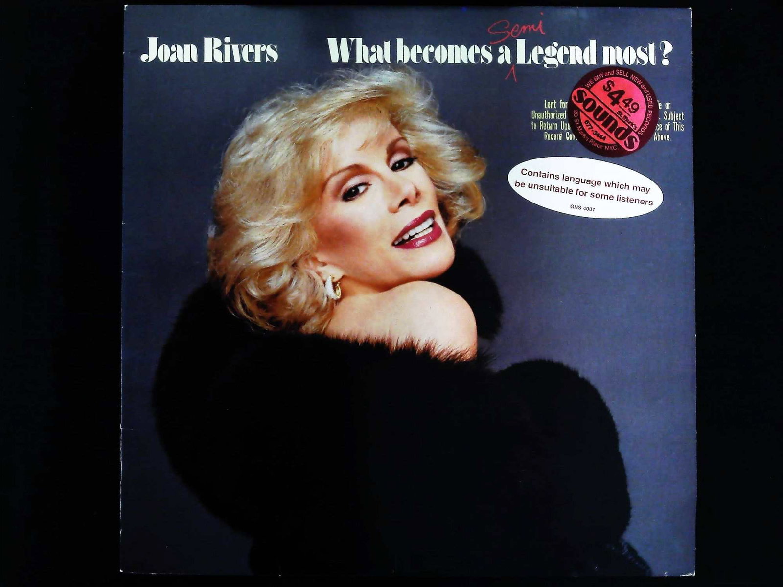 Joan Rivers - What Becomes A Semi-Legend Most? LP Record Geffen GHS 4007: A single vinyl LP record and its corresponding gatefold sleeve for the comedy album Joan Rivers - What Becomes A Semi-Legend Most?. The album was released by Geffen Records, catalog number GHS 4007, d